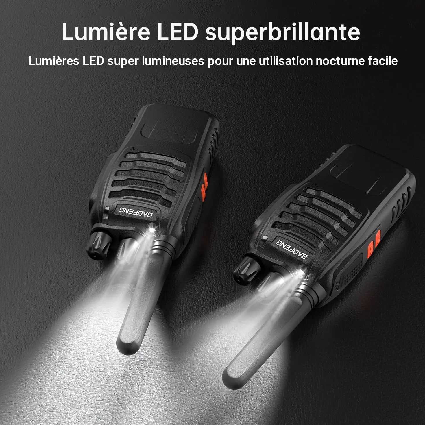 Talkie Walkie Professionnel BF-88X, Radio Bidirectionnelle 16 Canaux Longue Portée avec Chargeur USB, Noir (1 Paire)