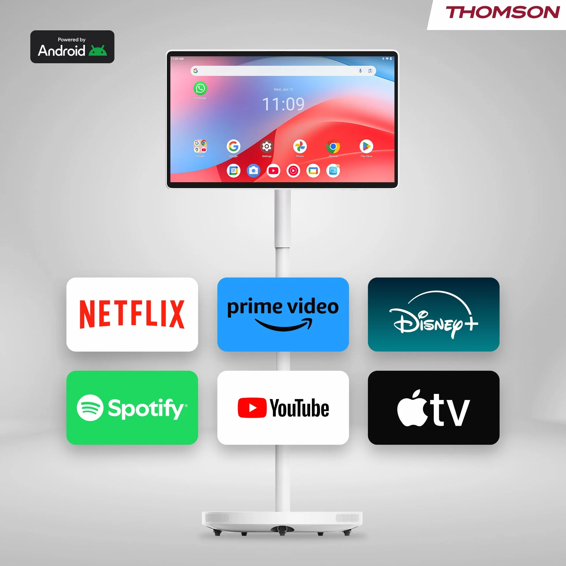 THOMSON Go Plus Pro Écran Tactile Intelligent 27 Pouces (69 cm) FHD Android Commande Vocale Hotspot Caméra 5MP Caisson de Basses WiFi 6 Bluetooth Batterie 4 Heures Support Portable