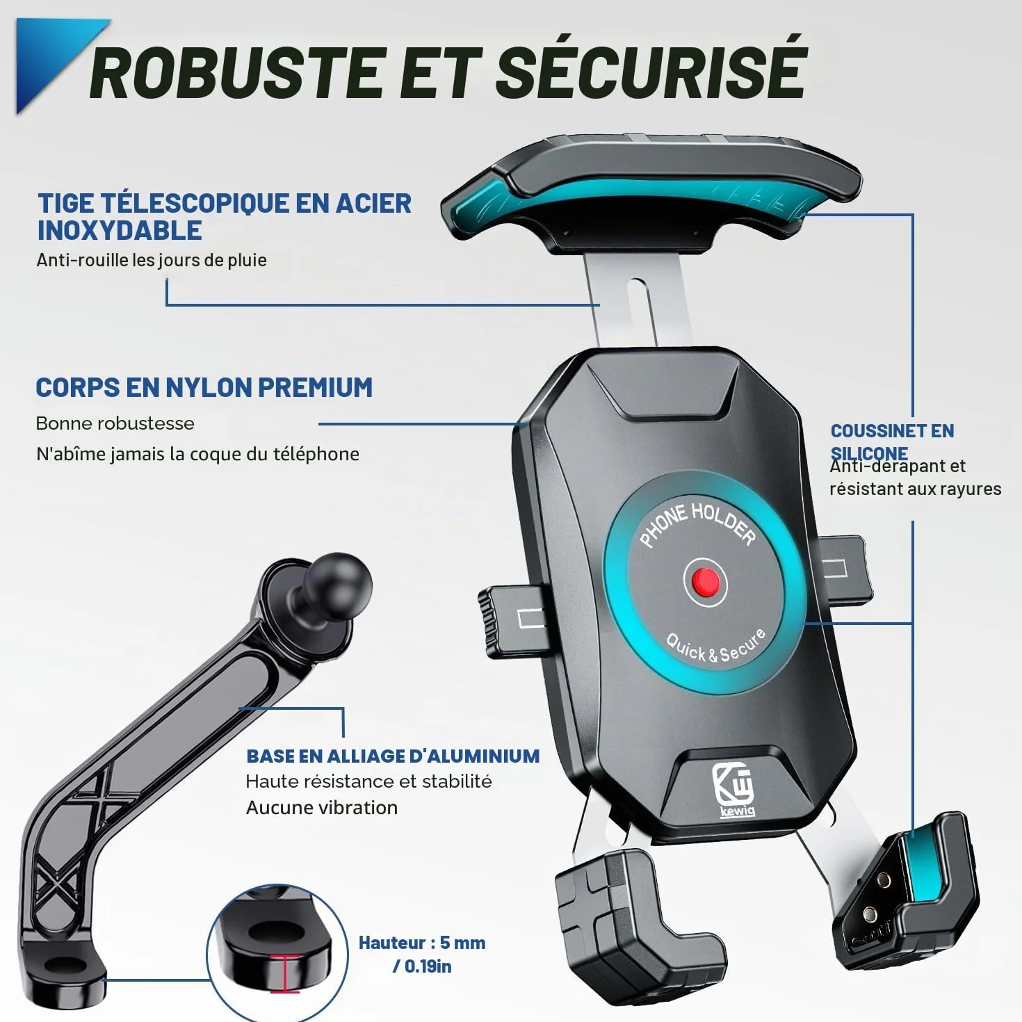 Support Téléphone Moto 360° Rotation Anti-Vibrations Support Smartphone Moto Anti-secousse Porte Telephone Scooter Antirouille Support Telephone Scooter Retroviseur pour 4-7'' Smartphone (Noir)