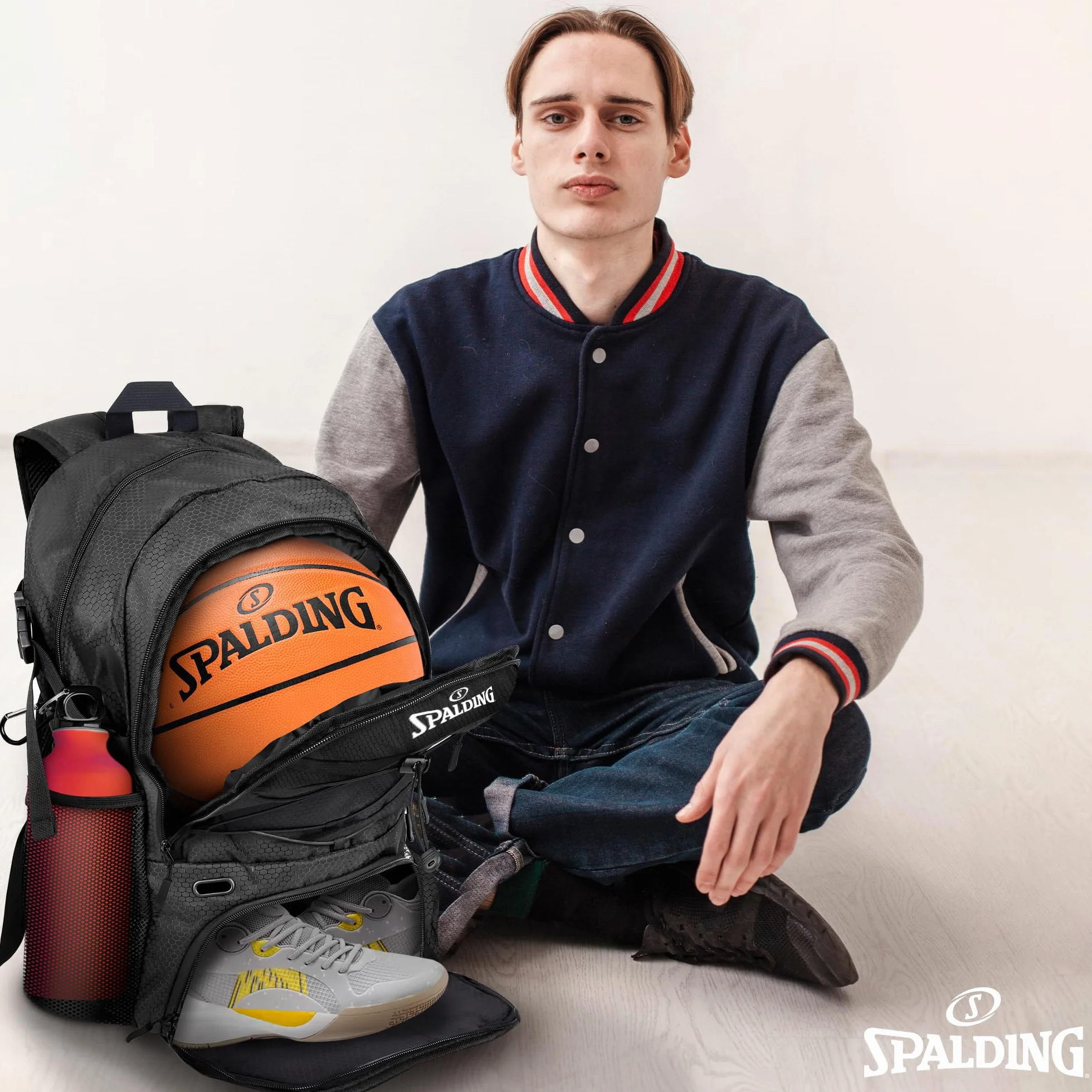 Spalding Sac à dos de basket-ball noir avec compartiment à chaussures et ballon