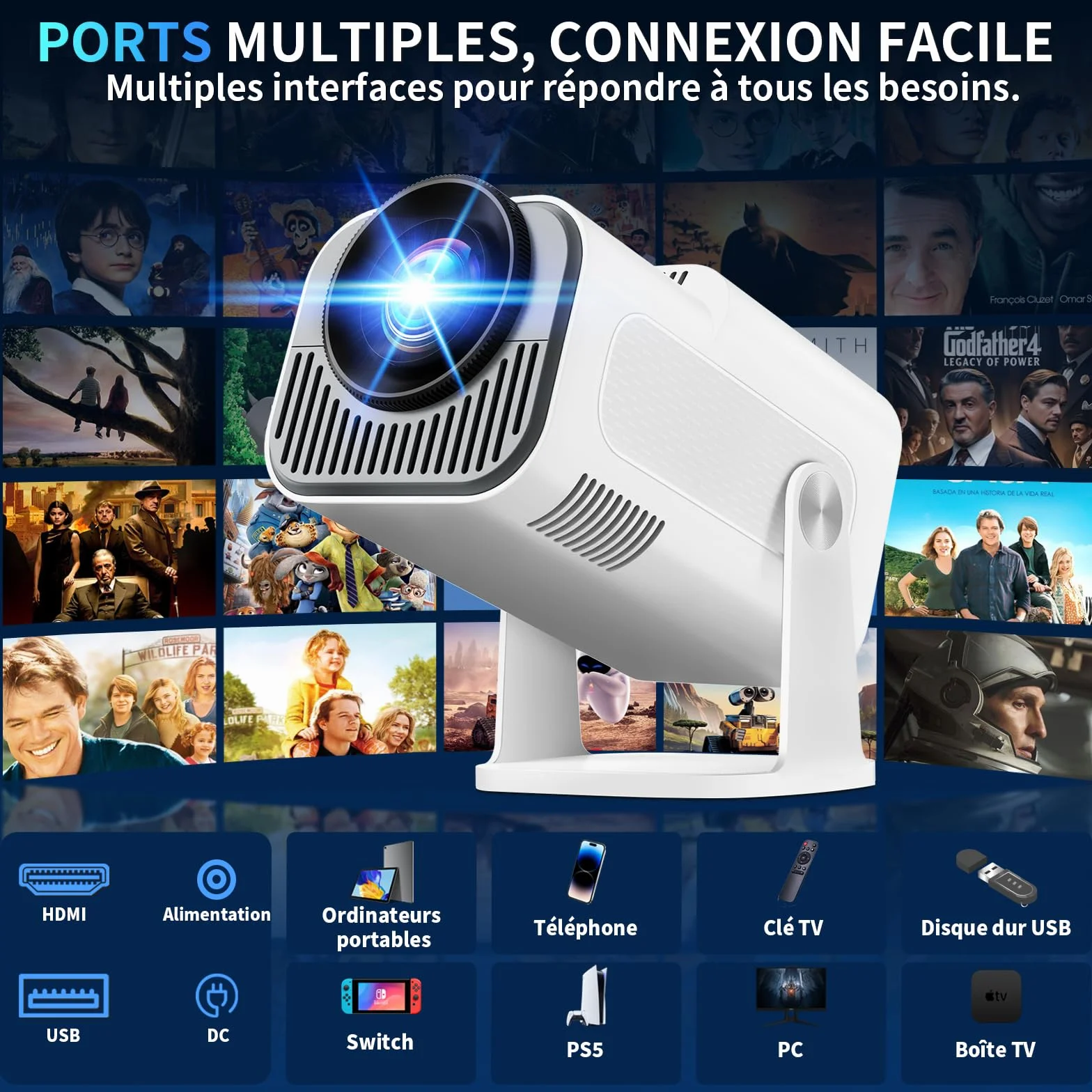 Vidéoprojecteur 4K 1080P WiFi 6 Bluetooth 5.2 Projecteur Trapézoïdale Automatique 270° Rotation HDMI Blanc