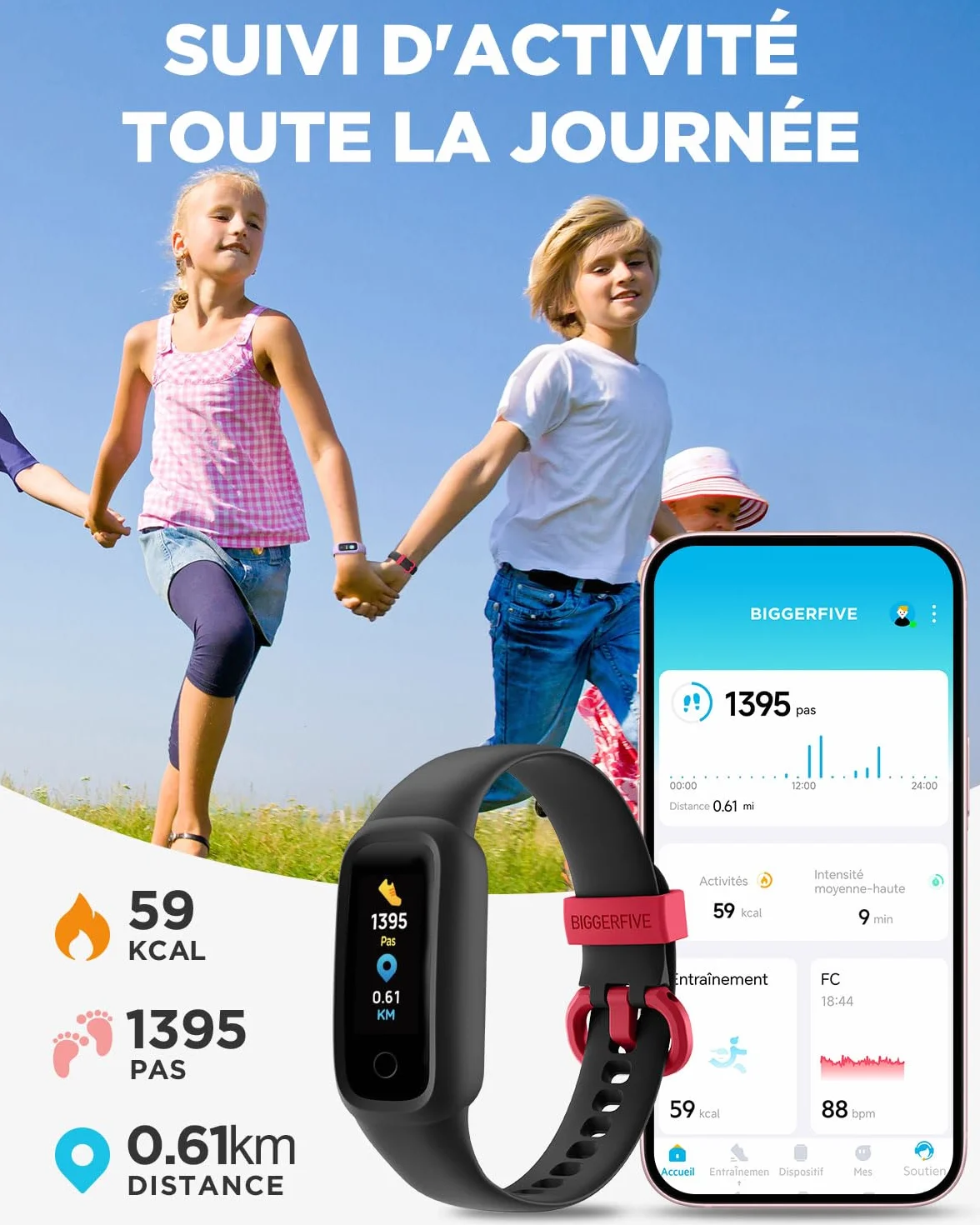 BIGGERFIVE Vigor 2 L Montre de Fitness Enfants 5-15 Ans IP68 Tracker d'Activité Podomètre Moniteur Cardiaque Noir