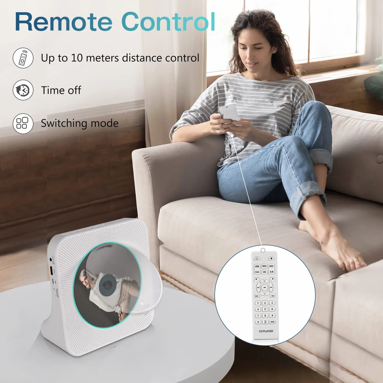 Lecteur CD Bluetooth Portable avec Radio FM, Haut-Parleurs Double, USB/AUX, Télécommande