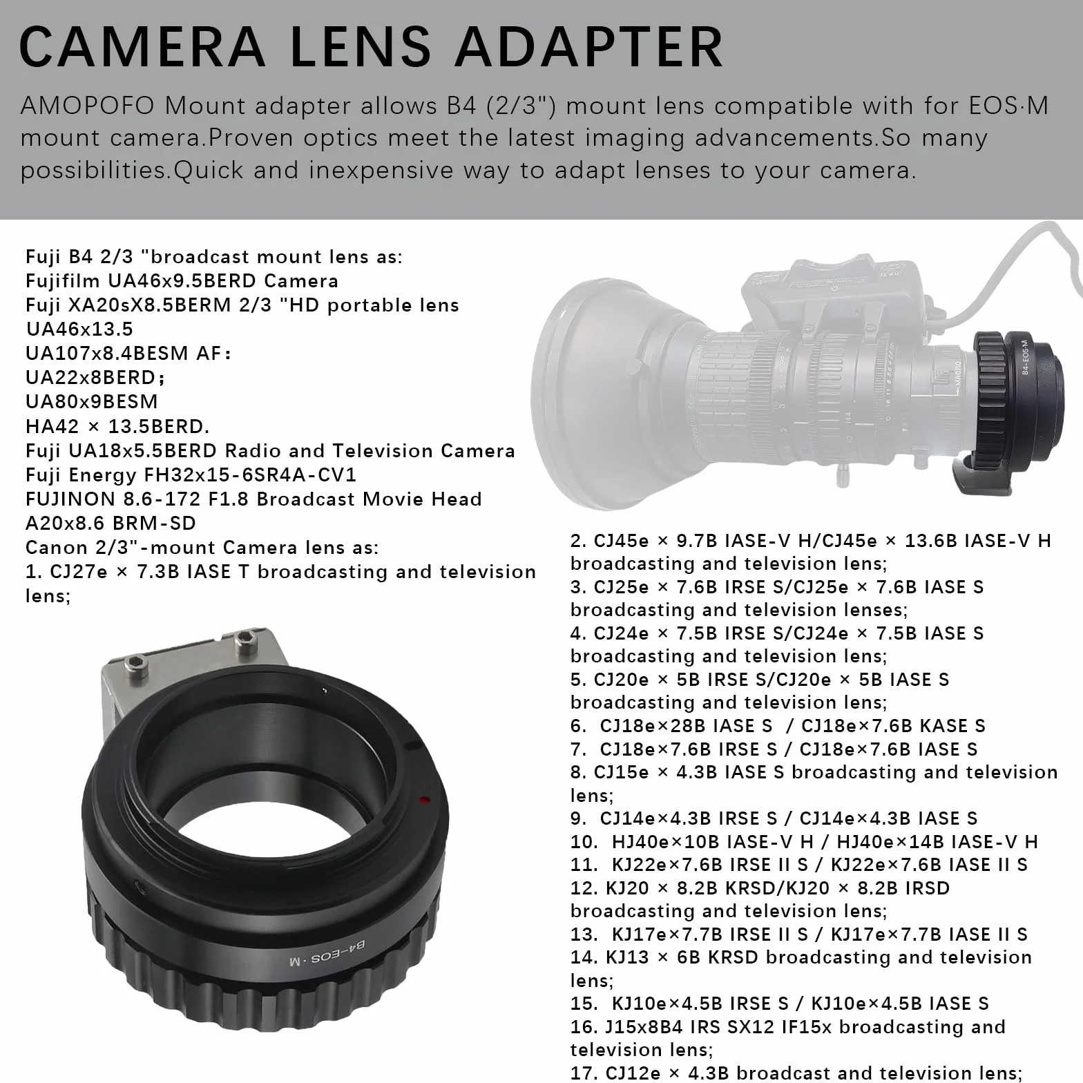Adaptateur d'objectif B4-EF M compatible avec objectif B4 2/3" Broadcast Grade Mount et pour appareil photo EOS-M (monture EF-M) EF M M2 M3 M5 M6 M10 M50 M100. Avec support trépied