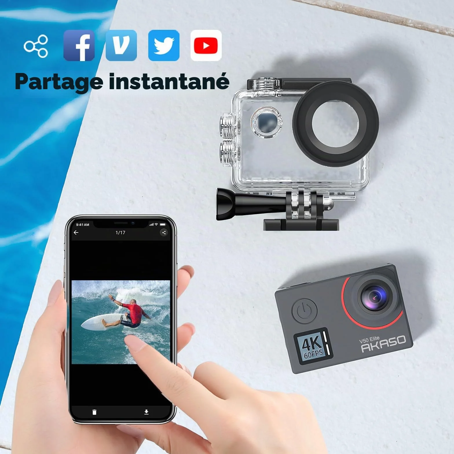 AKASO V50 Elite Caméra Sport 4K 60fps 20MP WiFi Etanche EIS 8X Zoom 2 Batteries