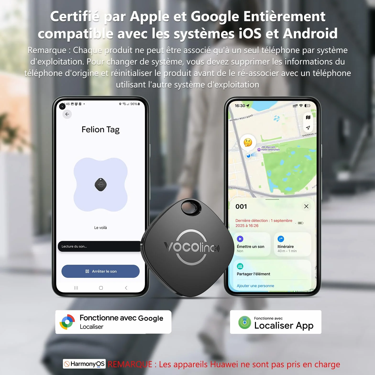 VOCOlinc Android Smart Tag Lot de 4 Double Système, Air-tag Traceur Fonctionne avec l’app Localiser Apple et Google, Tracker Localisateurs D’Objets pour Valise/Clés/Sacs/Bagages, Batterie Remplaçable