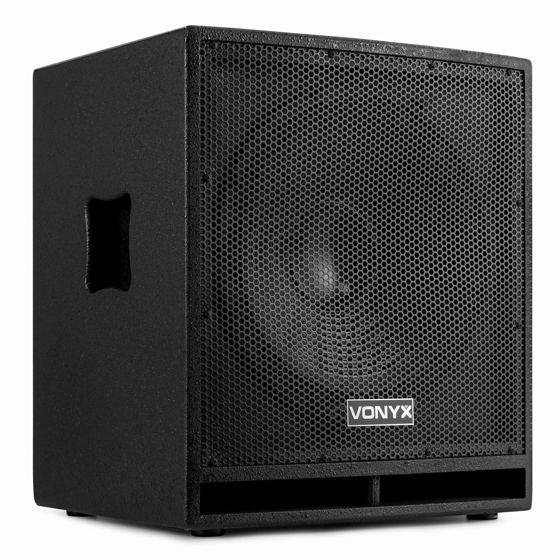 VONYX SWP15 Caisson de Basse Actif 800W, Phase Réglable, Entrée/Sortie XLR + RCA, Amplificateur Intégré, Insert sur la Face Supérieure pour Enceinte Active, Grave 15", Idéal pour DJ Mobile