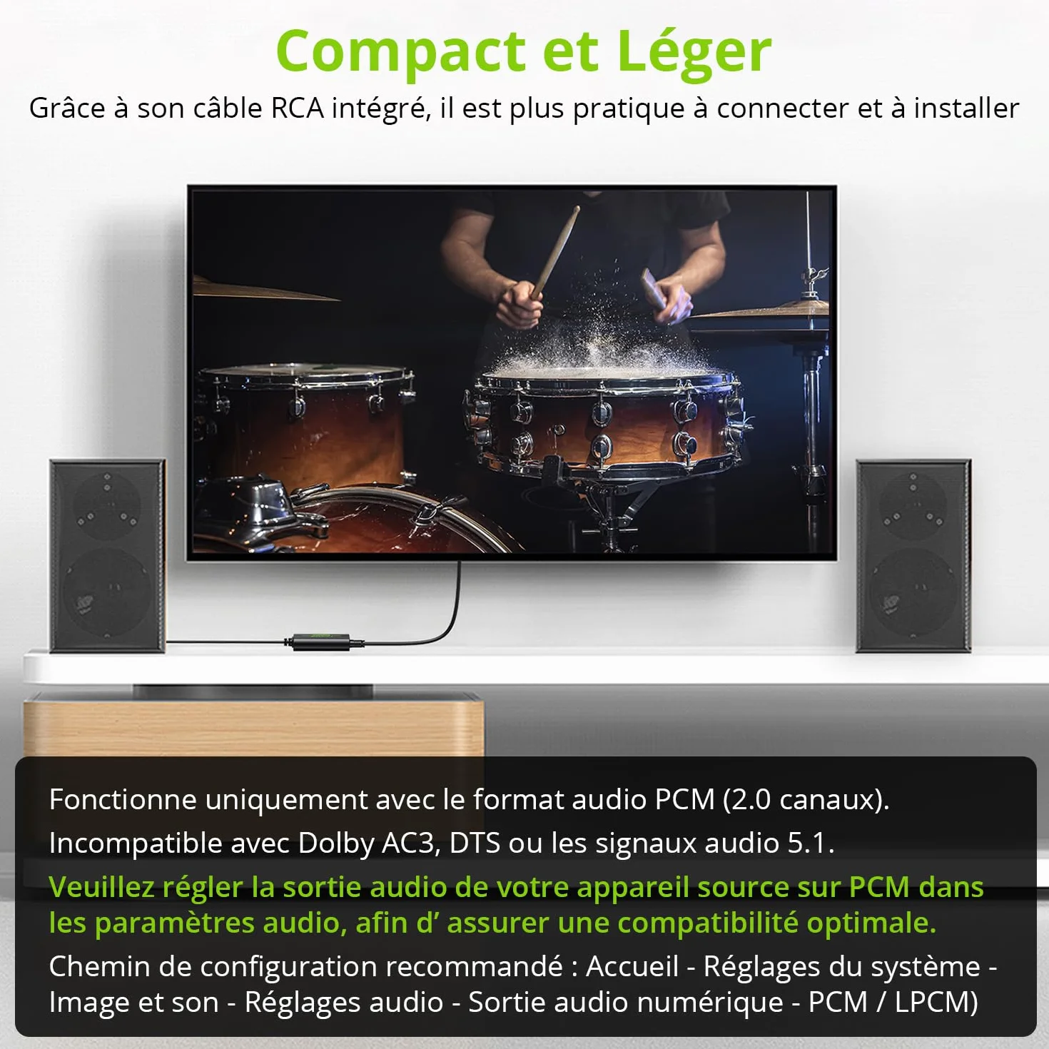 LINKFOR Câble SPDIF vers G/D 192 kHz Convertisseur Intégré Amplificateur Audio Adaptateur RCA L/R