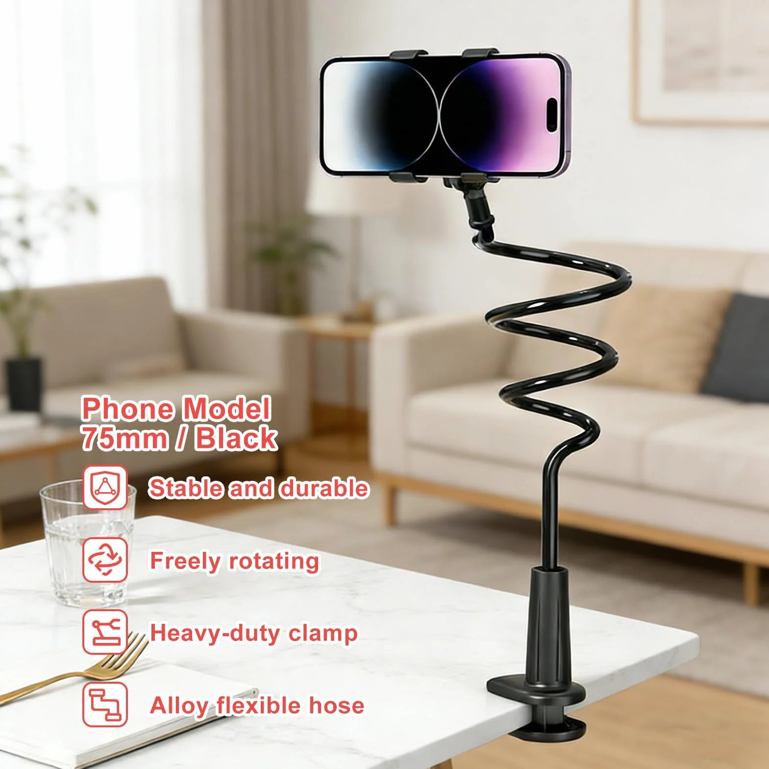 Support Telephone Lit, Support téléphone avec col de Cygne de - Réglable, avec bras télescopique flexible de 75 cm - Convient à tous les modèles - Convient pour les vidéos et regarder des films