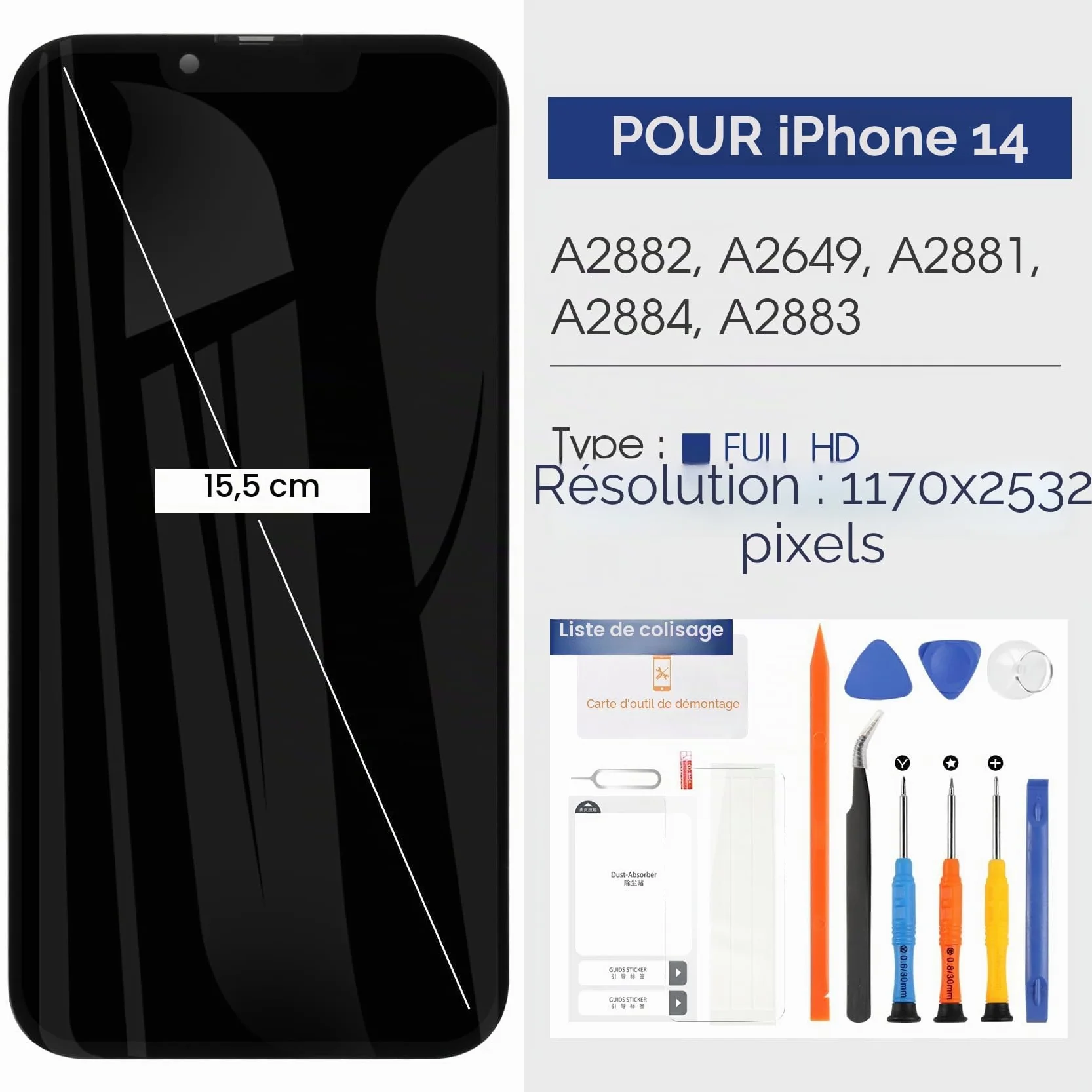 Atwist pour iPhone 14 Écran LCD pour iPhone 14 LCD Display pour iPhone14 6.1" Écran Tactile Remplacement A2882 A2649 A2881 A2884 A2883 Verre Numériseur Assemblée avec Réparation Kits
