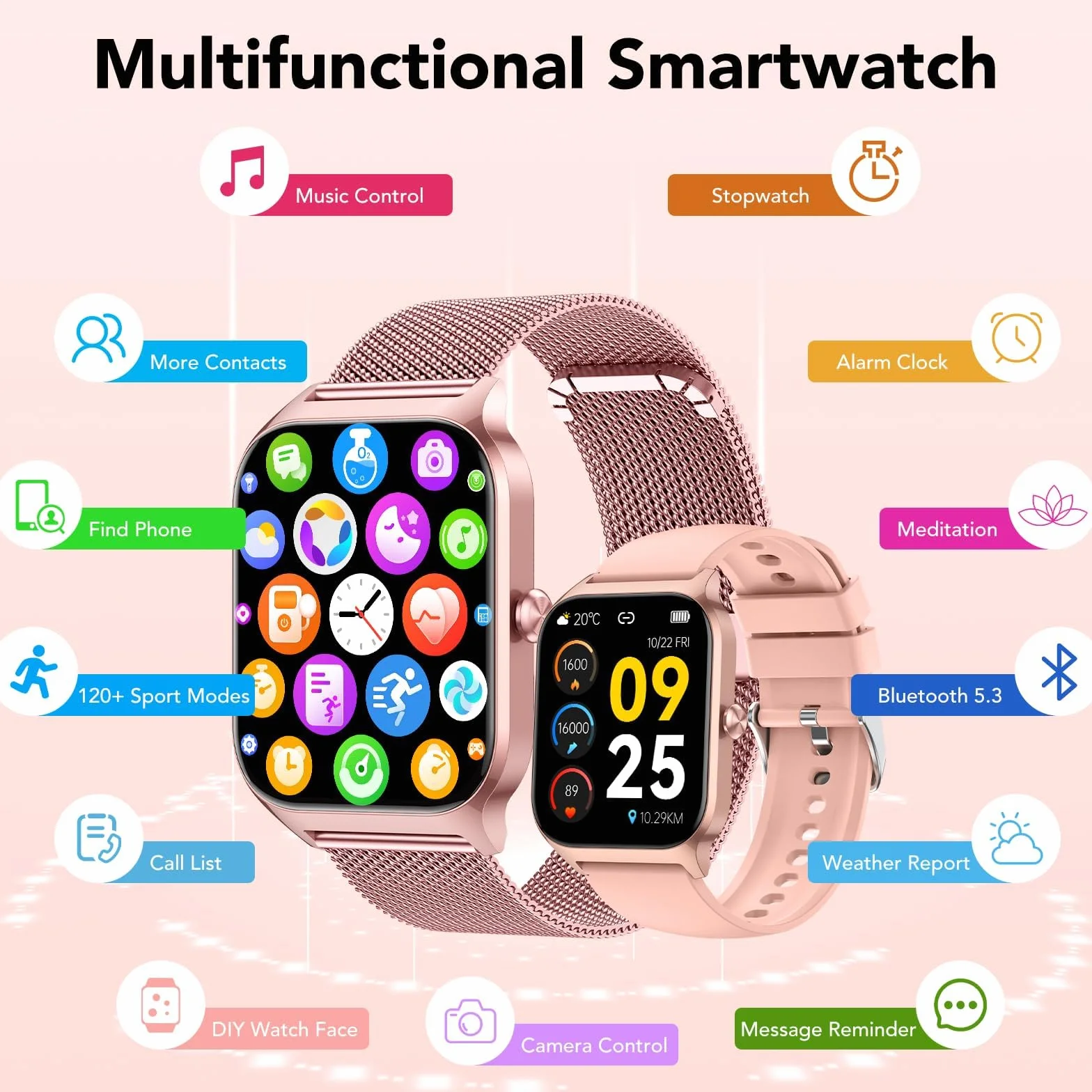 CASCHO Montre Connectée Femme avec Appel Bluetooth, 1.85"HD Smartwatch Femme avec Fréquence Cardiaque/Sommeil/SpO2, IP68 Étanche Fitness Tracker avec 120+ Modes Sportifs, pour Android iOS - Doré rose