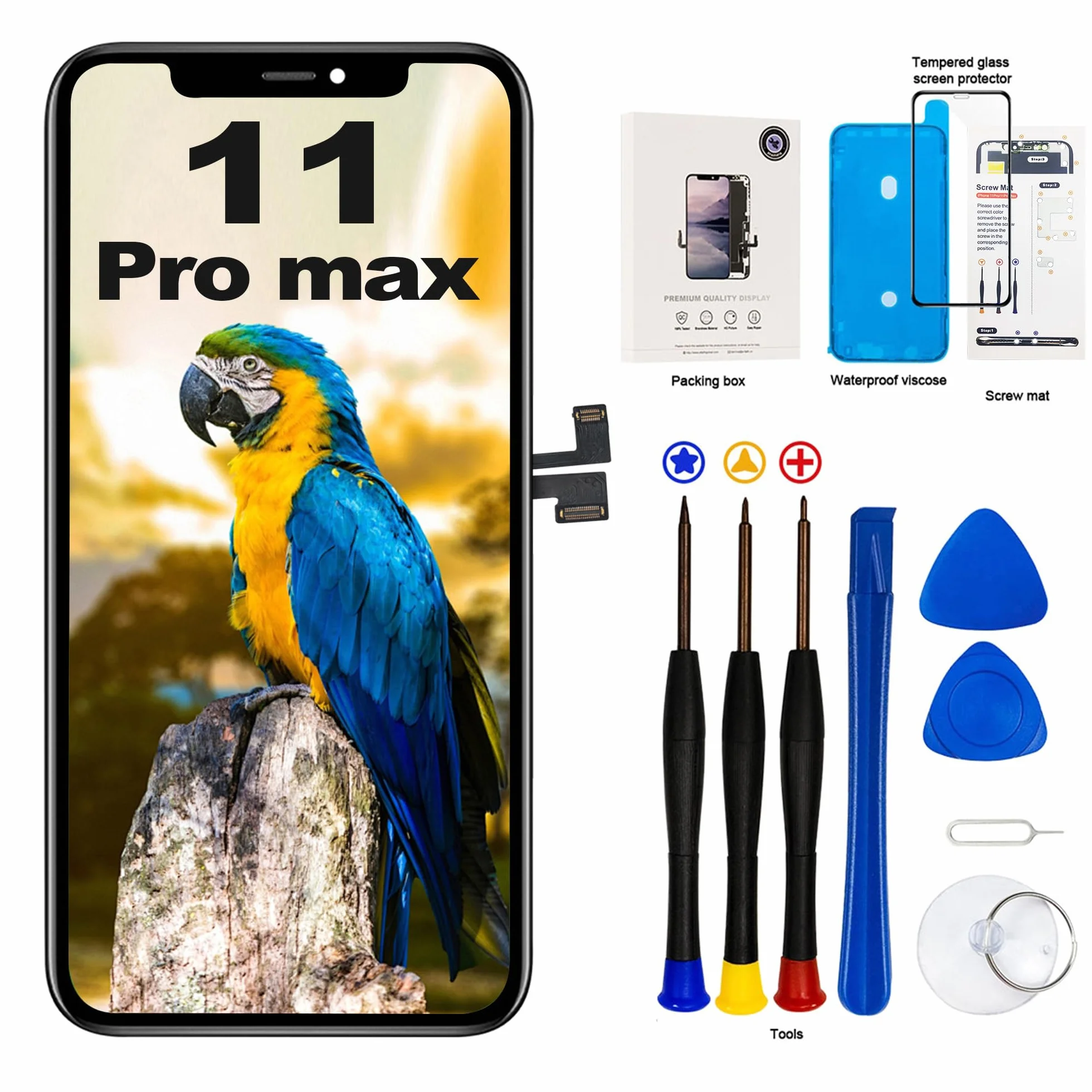 Cadre de Rechange pour iPhone 11 Pro Max avec écran LCD et numériseur d'écran Tactile 3D avec kit d'outils de réparation avec adhésif étanche en Verre trempé