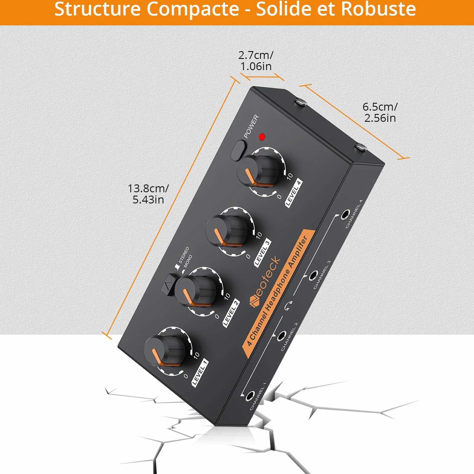 Neoteck Amplificateur de Casque Stéréo à 4 Canaux avec Commandes de Volume Amplificateur Audio en Métal Mono/Stéréo à 4 Canaux avec Câble Audio de 3,5 Mm pour Petits Groupes Club Bar Stage Mixer