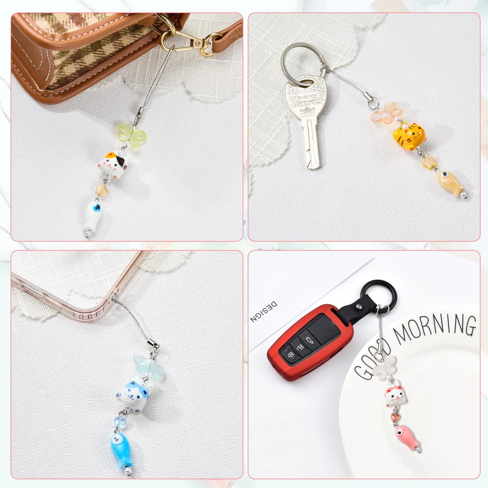 BEEFLYING 1 Pièce Pendentif Téléphone Chat Orange Pendentif Papillon Raffiné en Perles Breloque Porcelaine Poisson Pour Porte-clés et Sacs