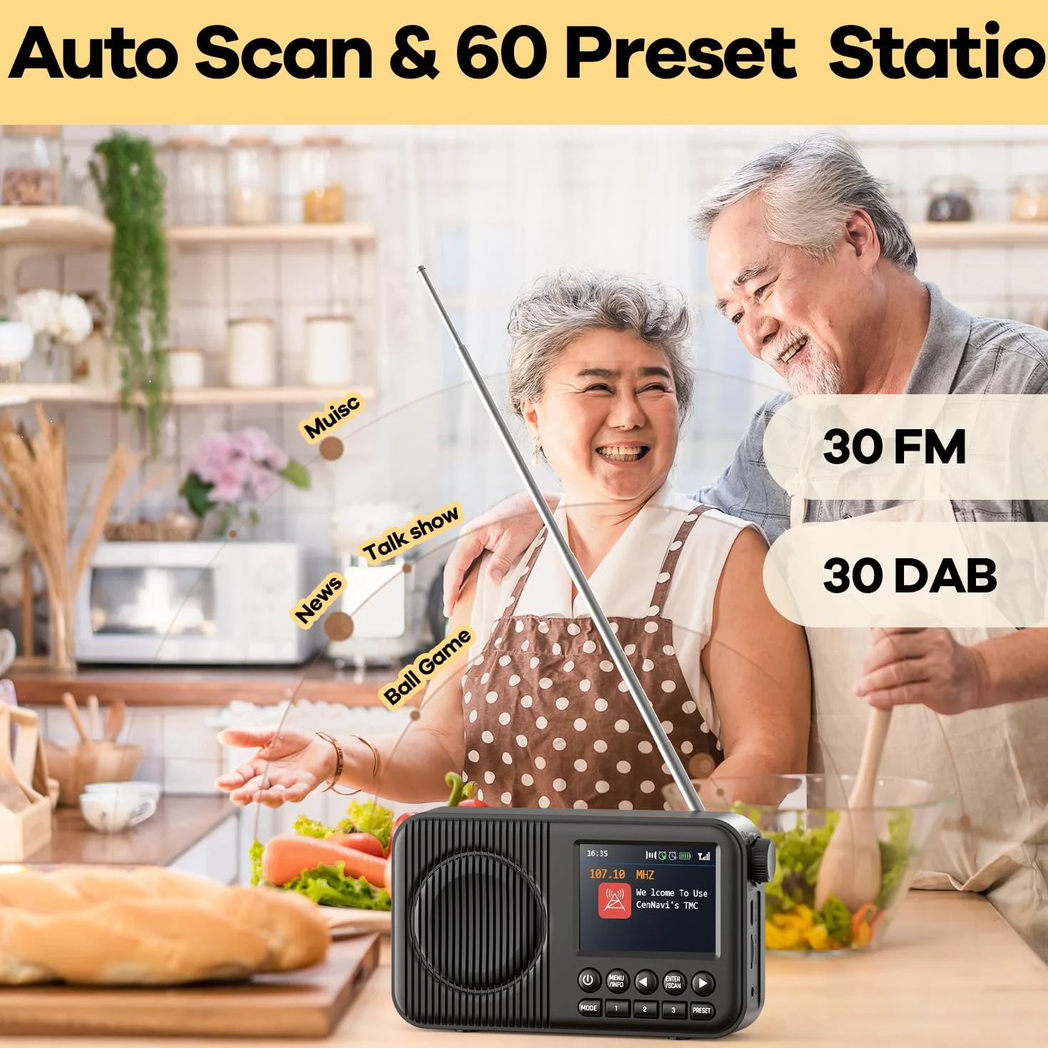 Radio DAB+ Portable Rechargeable avec Bluetooth, Écran LCD 2.4", FM, 60 Stations, Réveil Double, Noir