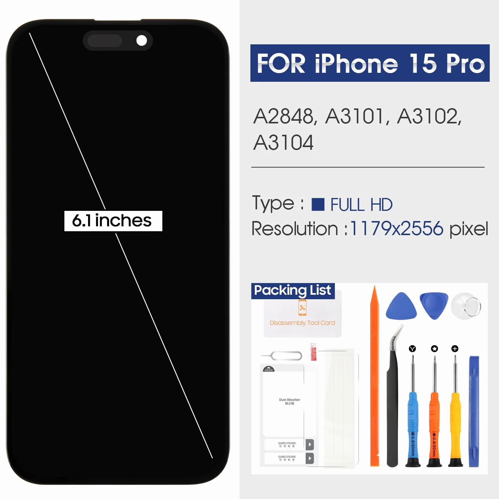 Reparo pour iPhone 15 Pro LCD Display pour iPhone 15 Pro Écran LCD 15 Pro 3D Touch Écran Tactile Numériseur A2848 A3101 A3104 A3102 Verre Full Assemblé avec Kit de Réparation (Noir,6.1")