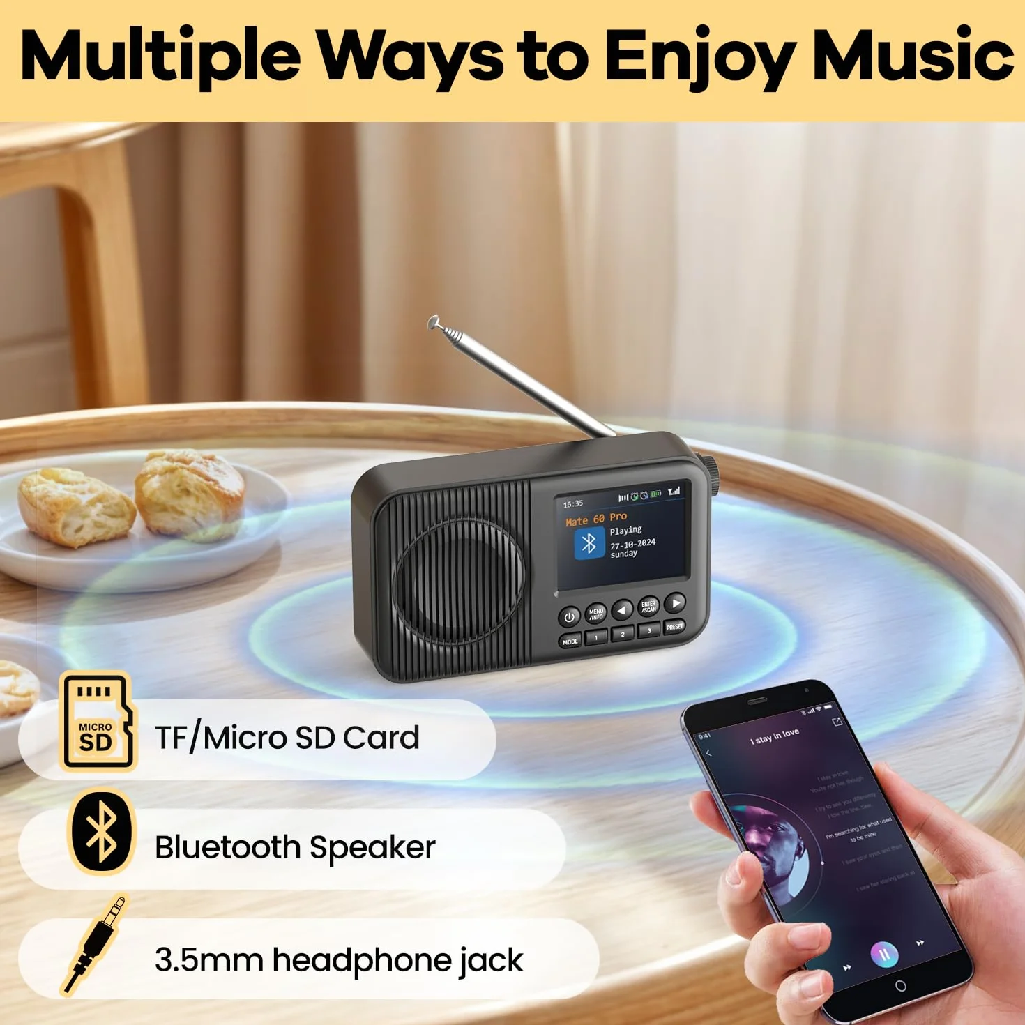 Radio DAB+ Portable Rechargeable avec Bluetooth, Écran LCD 2.4", FM, 60 Stations, Réveil Double, Noir