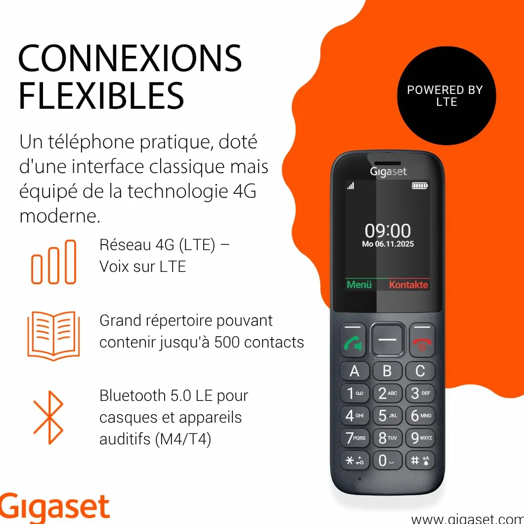 Gigaset Comfort 600 SIM Téléphone 4G Volte HD écran Couleur 2,4 Pouces Bluetooth 5.0 Compatible appareils auditifs Grande mémoire 500 Contacts Anthracite