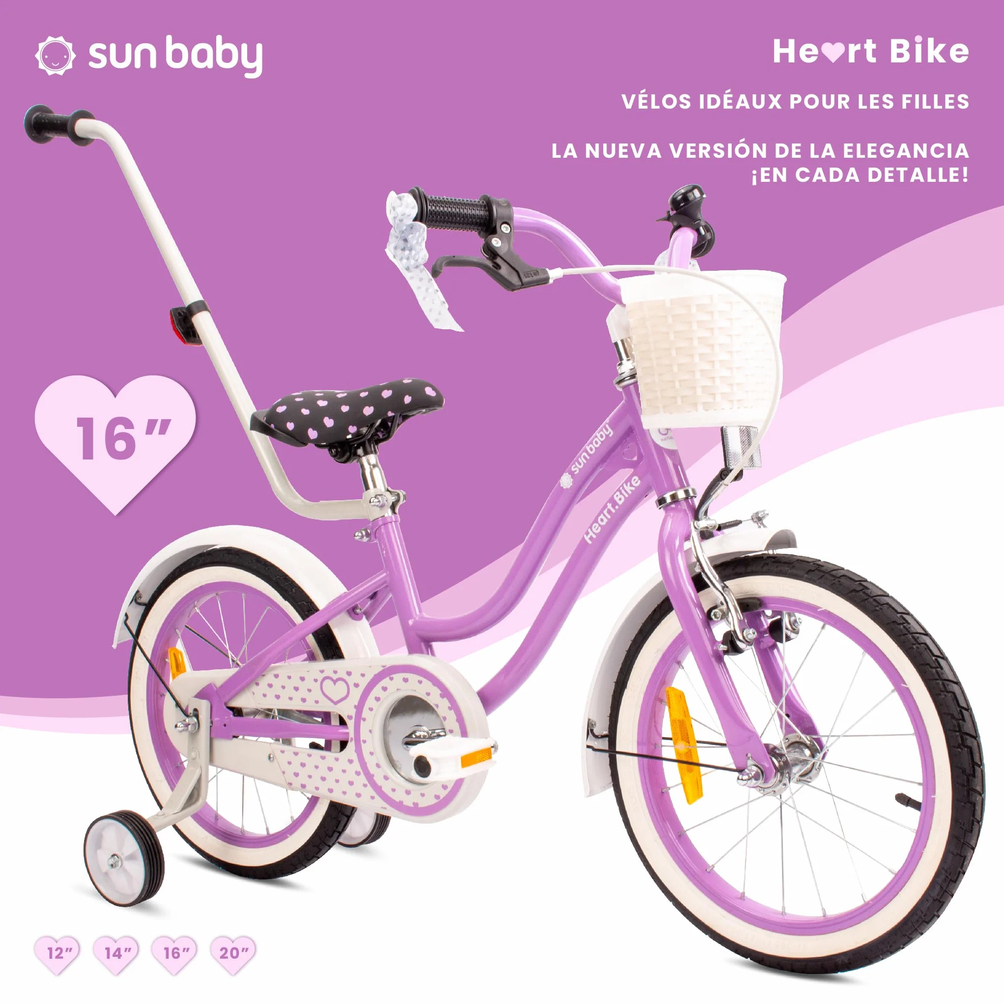 Vélo Enfant Fille 12/14/16 Pouces Sun Baby Heart avec Roulettes Stabilisatrices et Barre de Poussée