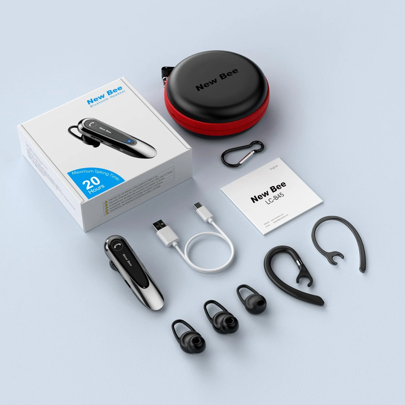 New Bee Oreillette Bluetooth sans Fil avec Dual Mic V5.0 Main Libre Bluetooth Oreillette avec 20H de Temps de Conversation Mic Mute Connexion de Deux Appareils pour iPhone, Android et PC