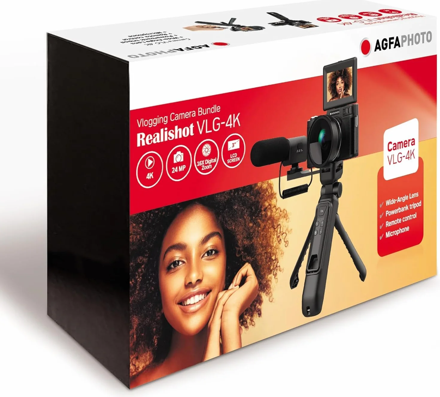 AgfaPhoto Realishot VLG-4K Kit Vlogging - Caméra 24MP, Vidéo 4K, Ecran LCD 3'', Zoom Numérique 16X, Capteur CMOS, Batterie Lithium - Noir