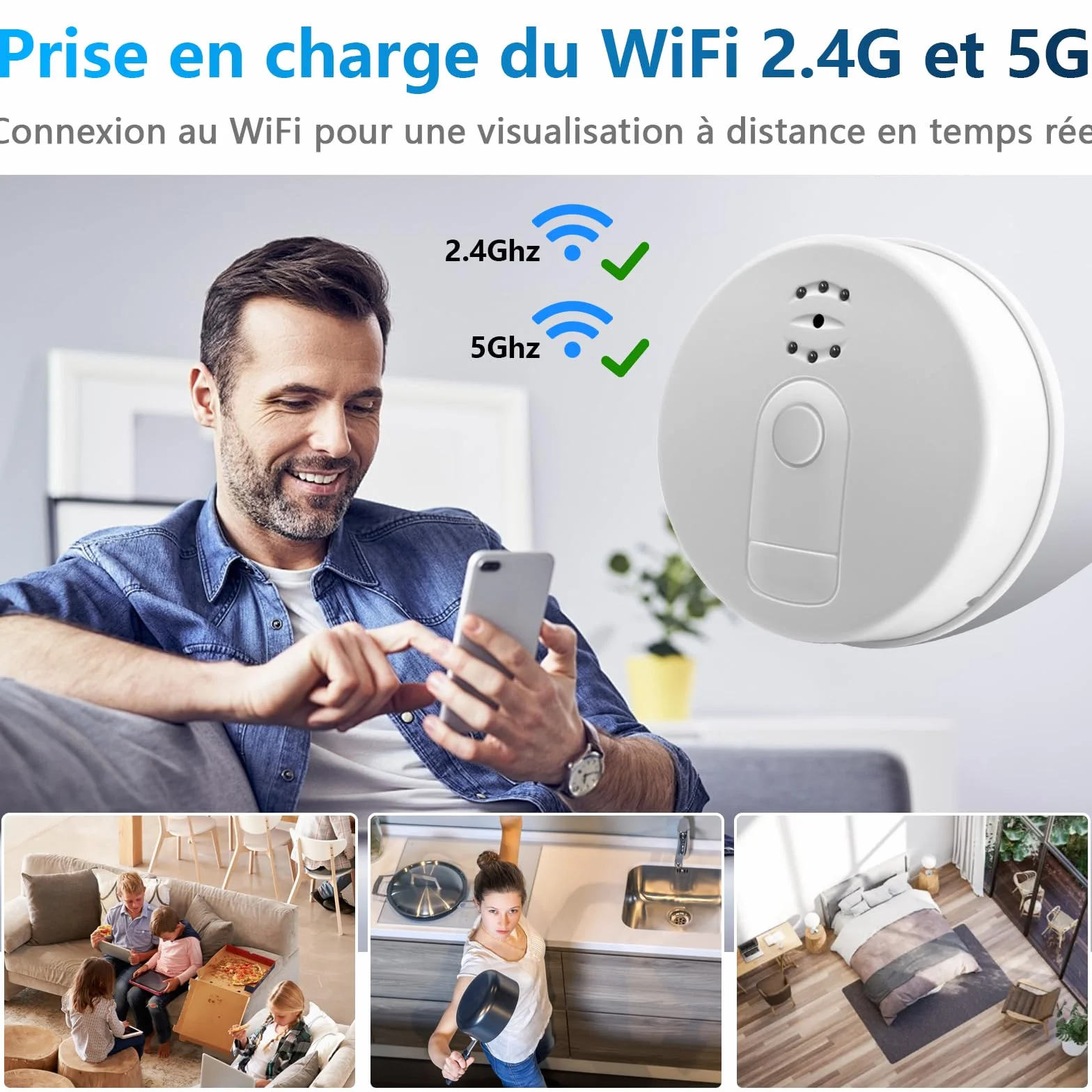 Caméra Cachée Wi-Fi 5G avec Détecteur de Fumée, Minicaméra Espion HD 1080P Vision Nocturne Détection Mouvement