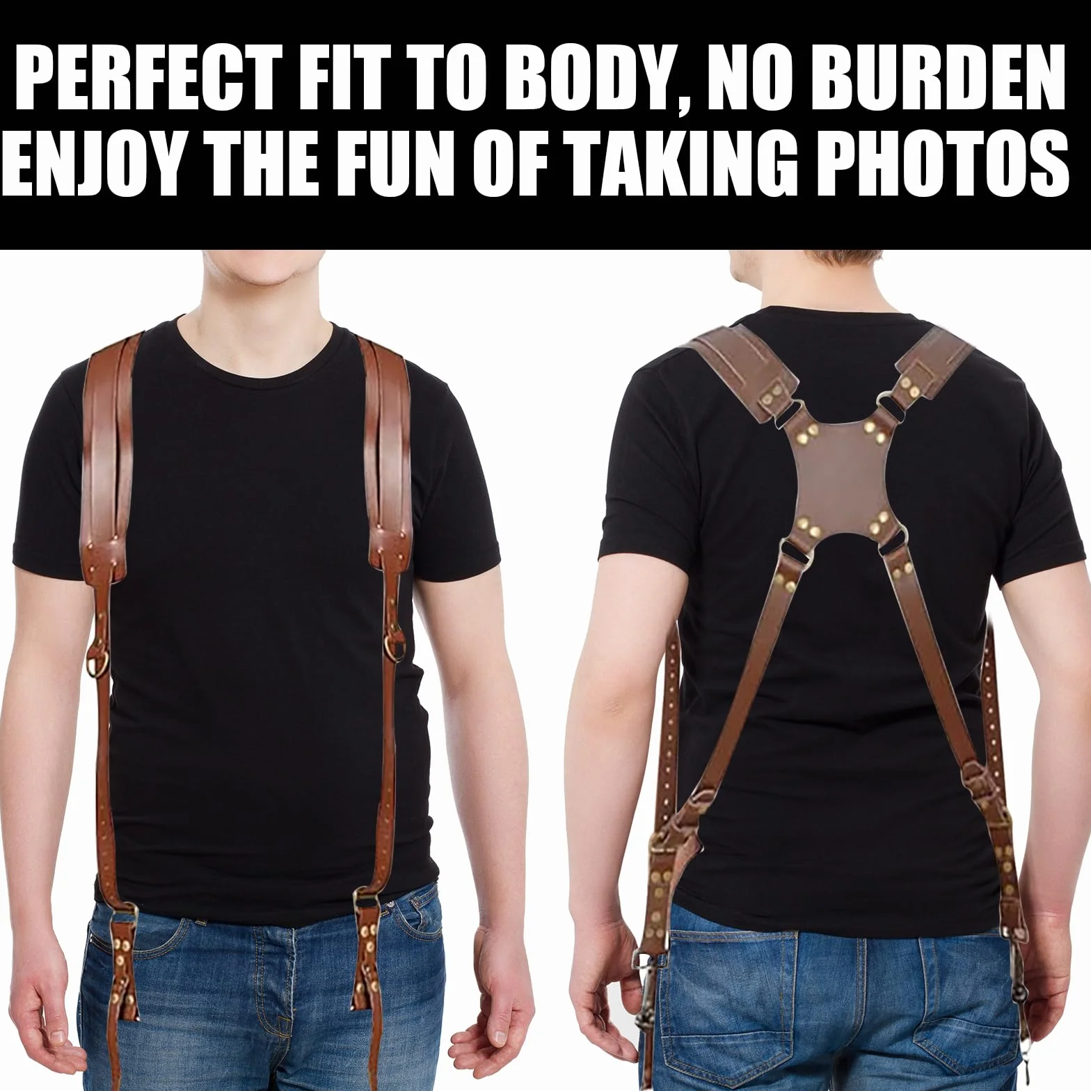 Harnais Appareil Photo Professionnel, Longueur Ajustable Bandoulière Double pour Appareil Photo, Cuir Sangle de Sac à Dos Deux Caméras DSLR/SLR, Unisexe Photographe