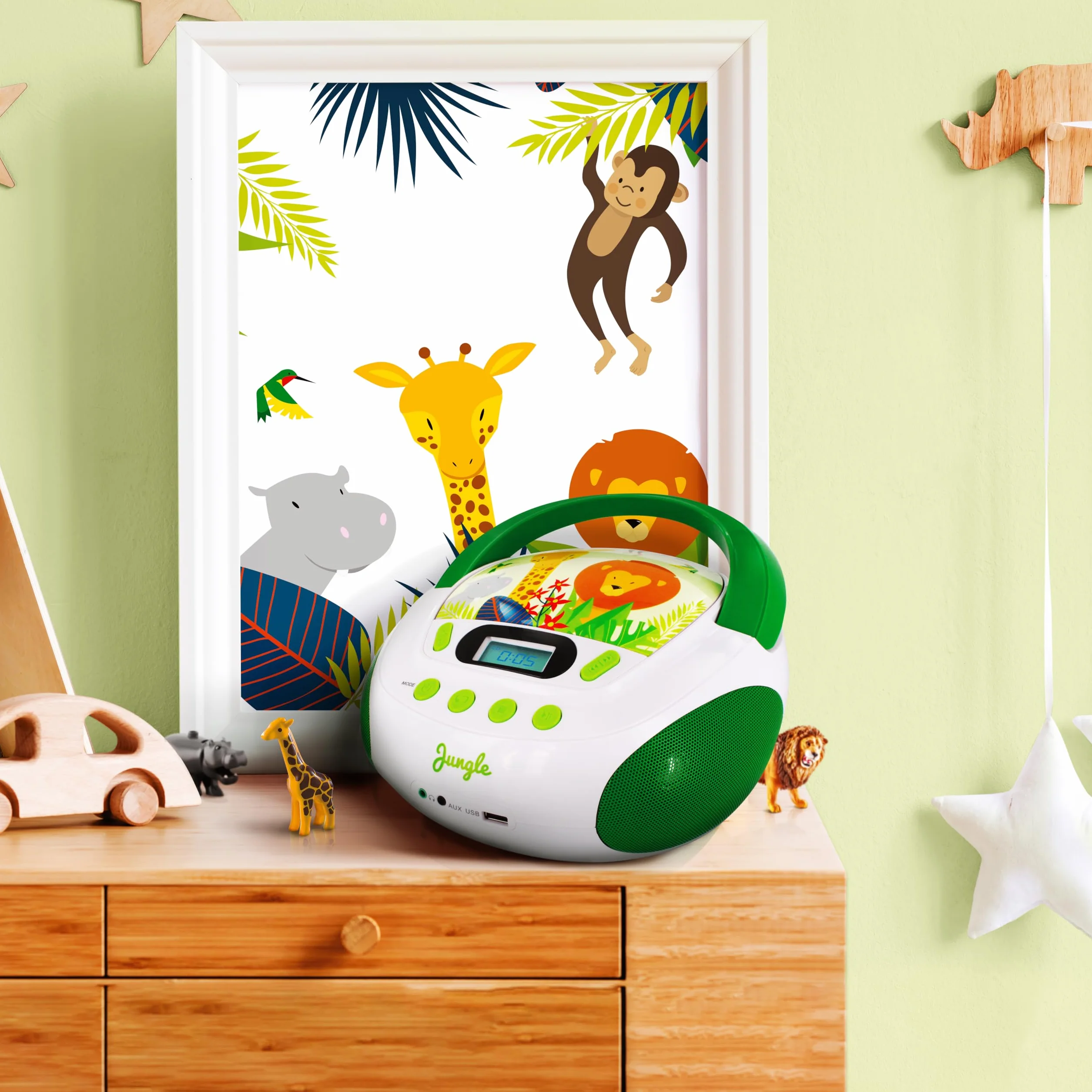 MOOOV Lecteur CD Enfant Jungle MP3 USB AUX-in Prise Casque Portable Vert Blanc