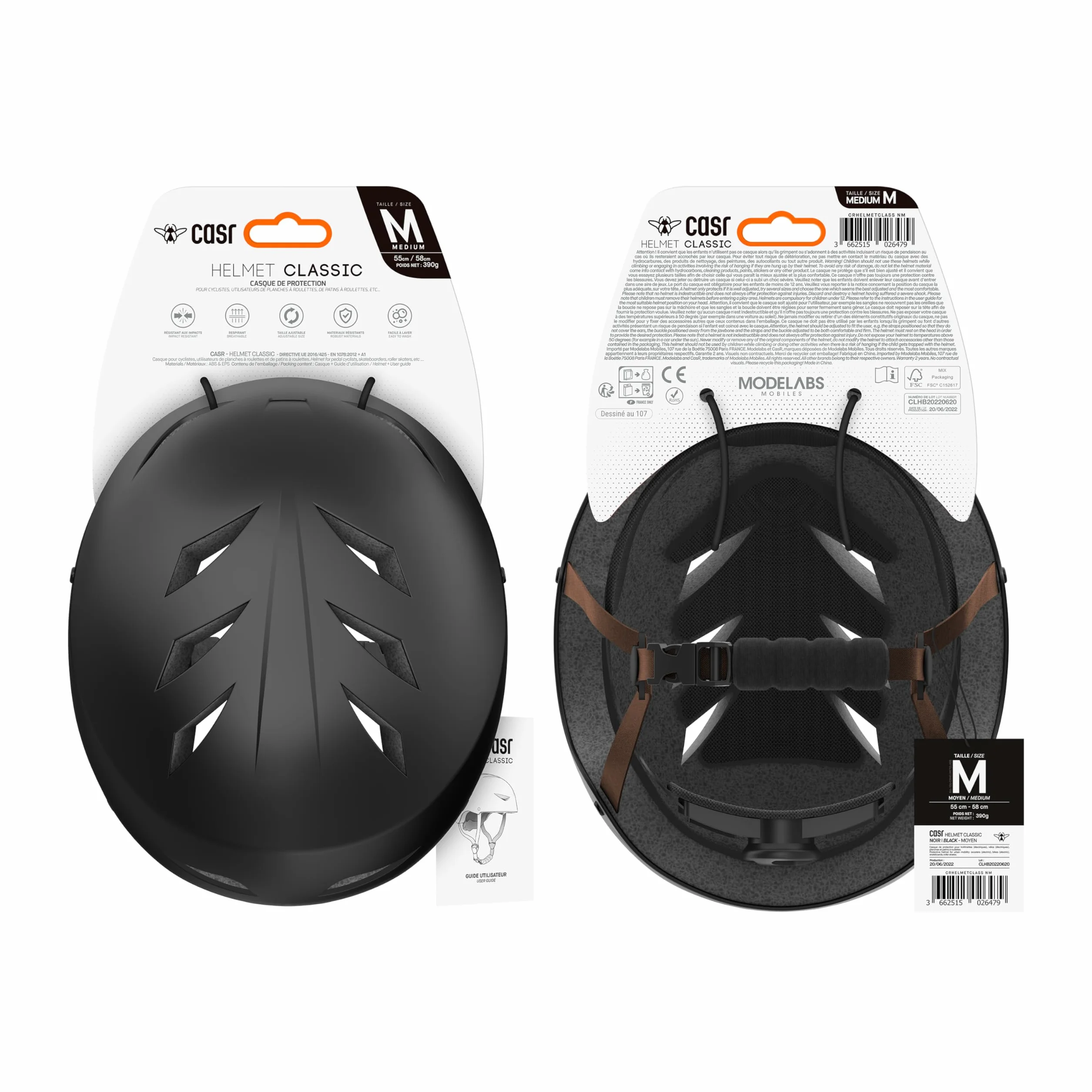 Casque Bol Certifié EPI CASR Classic pour Skate Vélo Trottinette Électrique - Clip de Serrage Ajustable Sangles Nylon