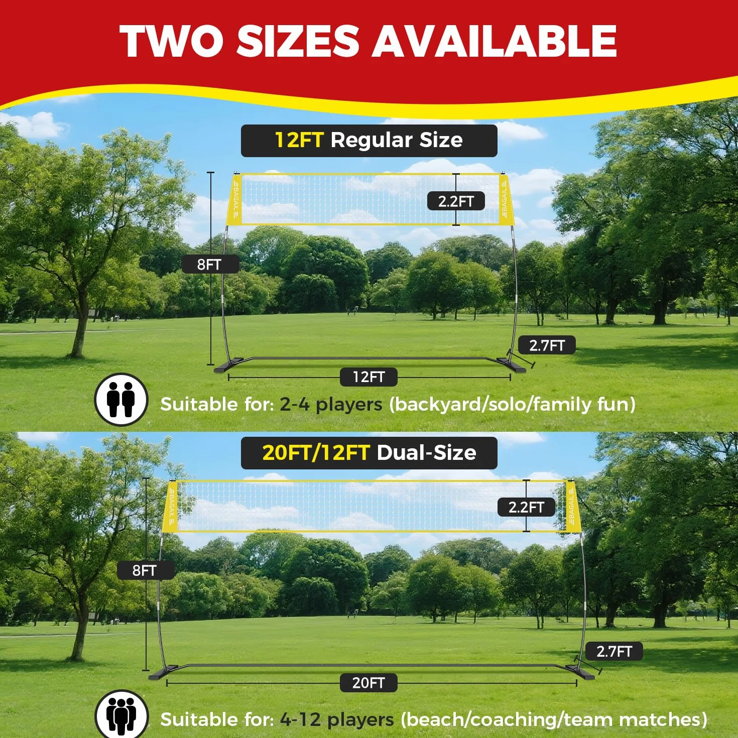 Filet de volley-ball portable 3,7 m/6,1 m réglable pour arrière-cour - Ensemble intérieur/extérieur avec sac de transport