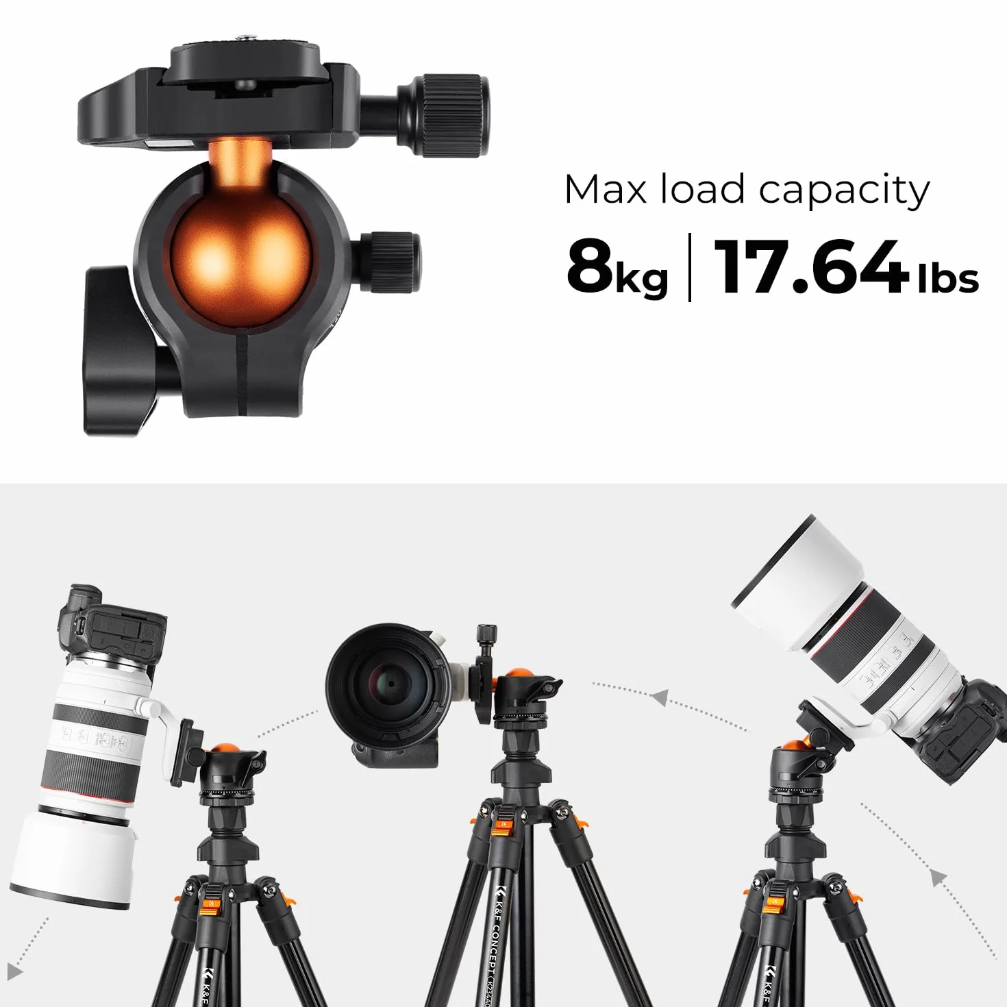 K&F CONCEPT Trépied Appareil Photo Voyage, 163CM Trepied Léger en Aluminium, Trépied pour Smartphone avec Téléphone Support, Trépieds Caméra Compact avec 360° Rotule Ball pour DSLR Caméra(Seul 1.24KG)