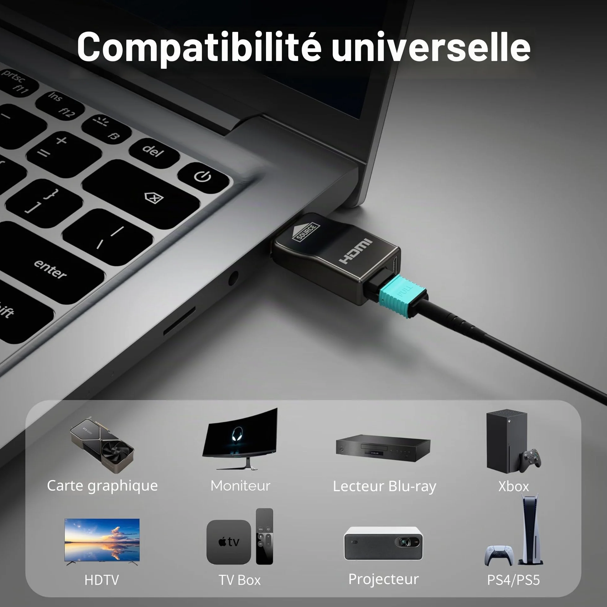 RUIPRO Câble HDMI 8K 10M Détachable en Fibre Optique Pure, Armé en Acier Inoxydable, HDMI 2.1 Ultra Haute Vitesse 48Gbps, 8K@60Hz 4K@120Hz, HDR, eARC, Compatible avec PS5, Xbox, TV, Projecteur