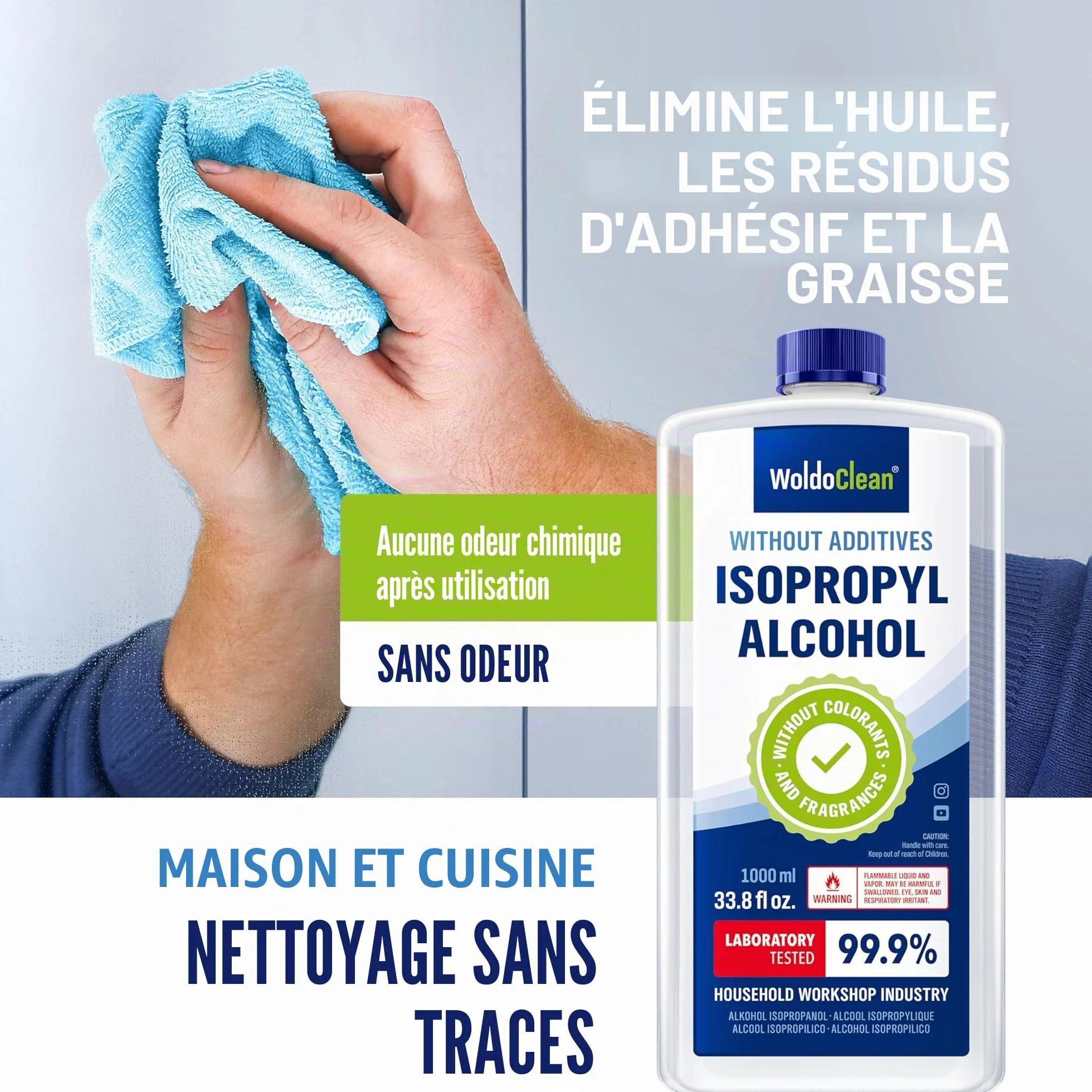 WoldoClean Isopropanol 99,9% Alcool Isopropylique 1L - IPA Haute Pureté, Incolore & Inodore, Sans Résidu pour Électronique, Imprimante 3D, Verre & Métal