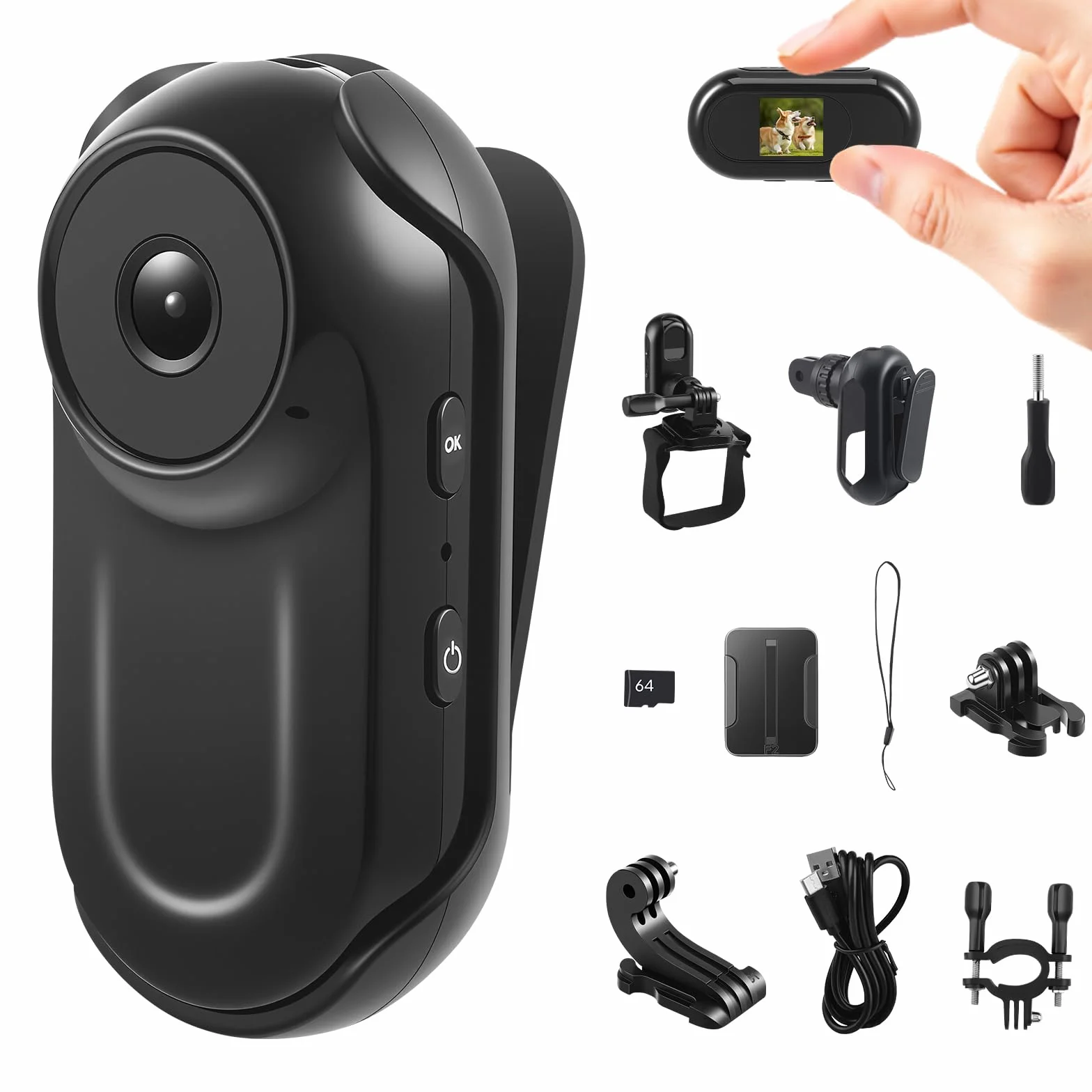Mini Caméra Action 1080P Caméra Corporelle Magnétique avec Accessoires Caméra Casque pour Moto, Vélo, Sport Camra Portable avec Carte SD 64GB, Enregistrement en Boucle, Étanche