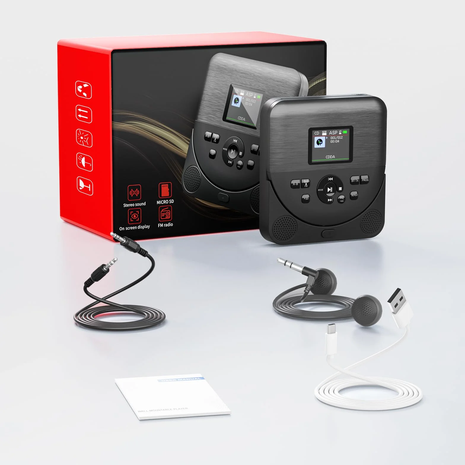 Lecteur CD Portable Bluetooth FELEMAN avec Haut-parleurs, Écran, Rechargeable, Émetteur FM, Noir