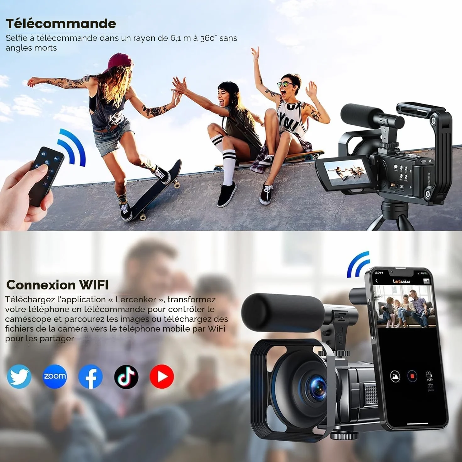 Caméra vidéo 5K 56MP WiFi Zoom 16X Écran tactile 3" IR Vision nocturne avec 2 piles, carte 64 Go, télécommande, microphone
