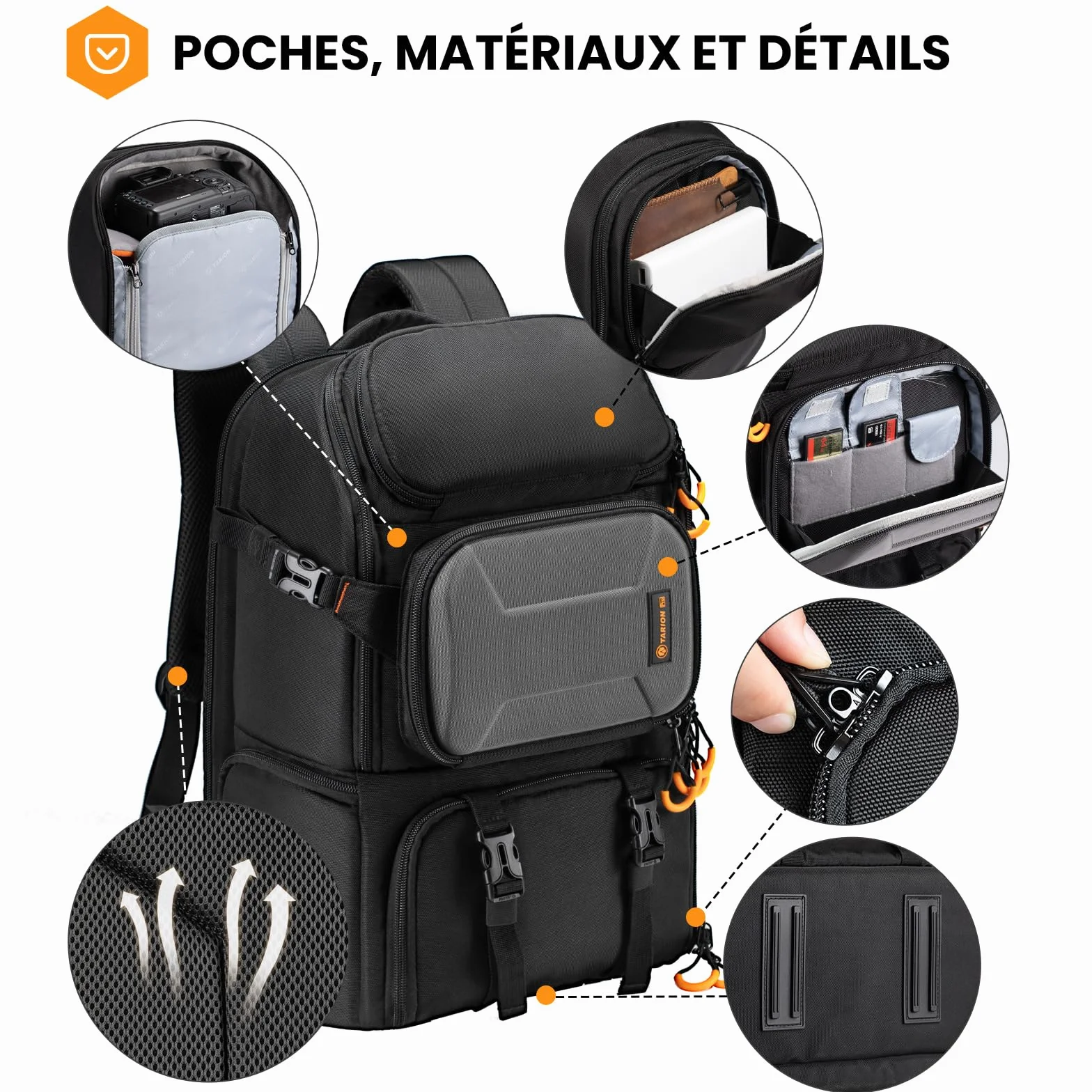 TARION Sac à Dos pour Appareil Photo 15L- Sac Photo avec Compartiment Ordinateur Portable 15,6" et Housse Imperméable | Pour Photographe, Randonnée et Voyage (PBL)