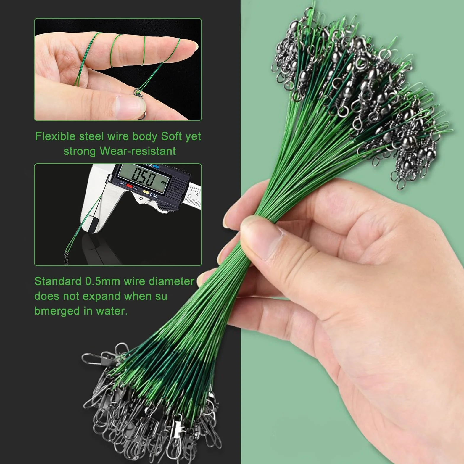 Lot de 100 Bas de Ligne Acier Brochet 10-30cm Inoxydable avec émerillon et Mousqueton pour Eau Salée et Douce
