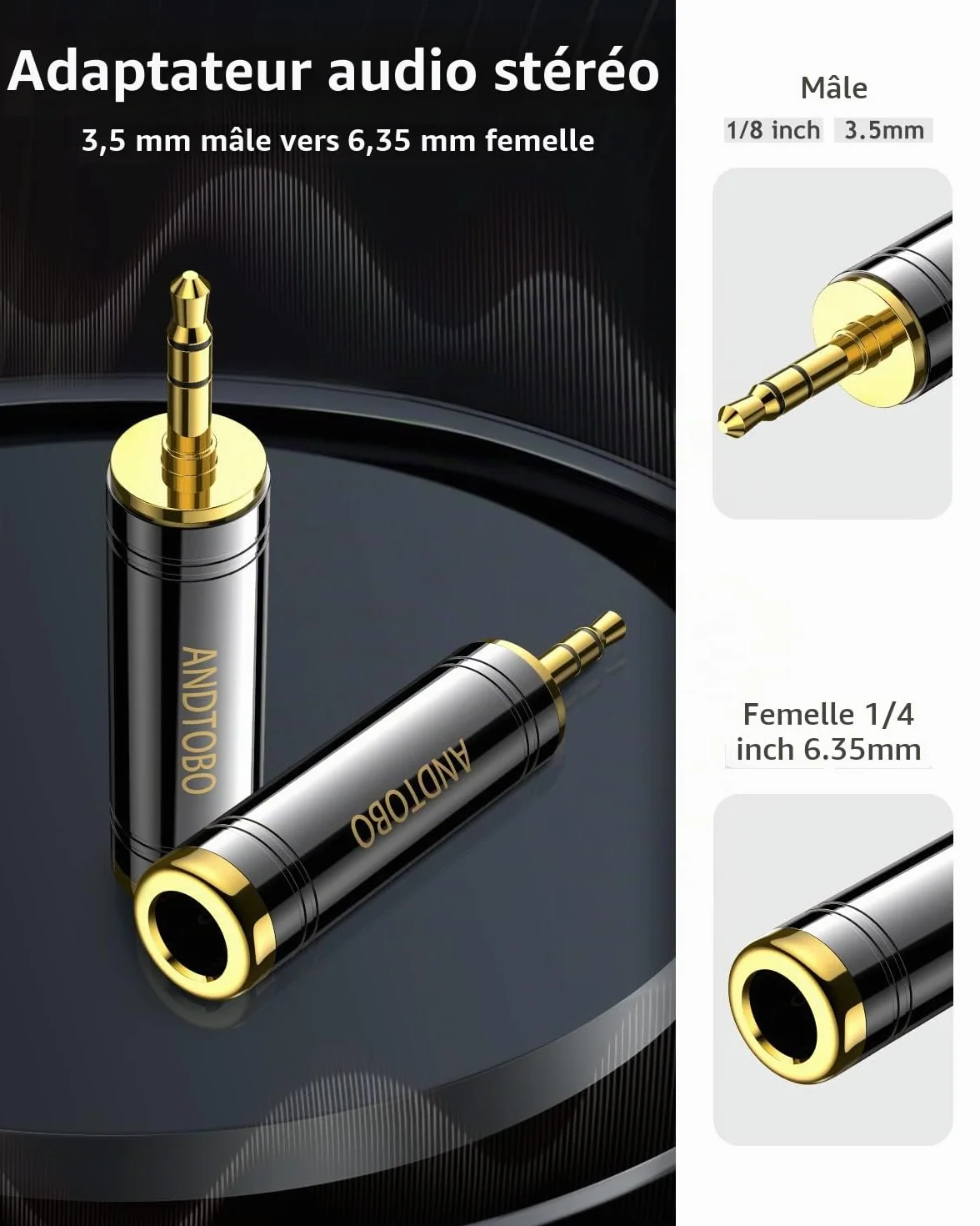 ANDTOBO Adaptateur Casque stéréo 1/4" vers 3,5 mm Jack Femelle 6,35 mm Noir