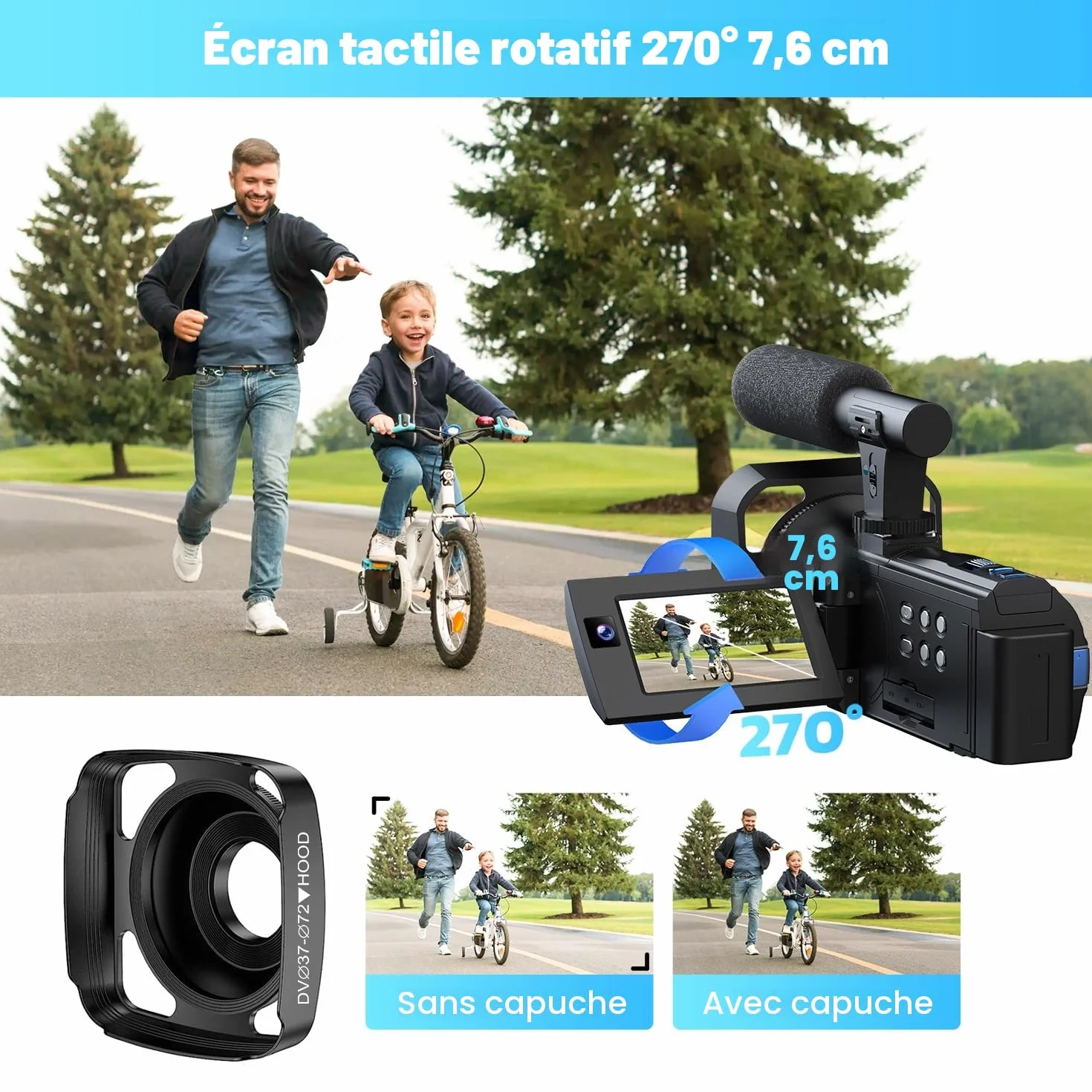 Caméra vidéo 5K 56MP Caméscope Double Objectif, WiFi 16X Youtube Vlog Caméra, 3" Rotatif à 270° Vision Nocturne Video Camera avec 2 Piles,Carte 64 Go,Microphone,trépied