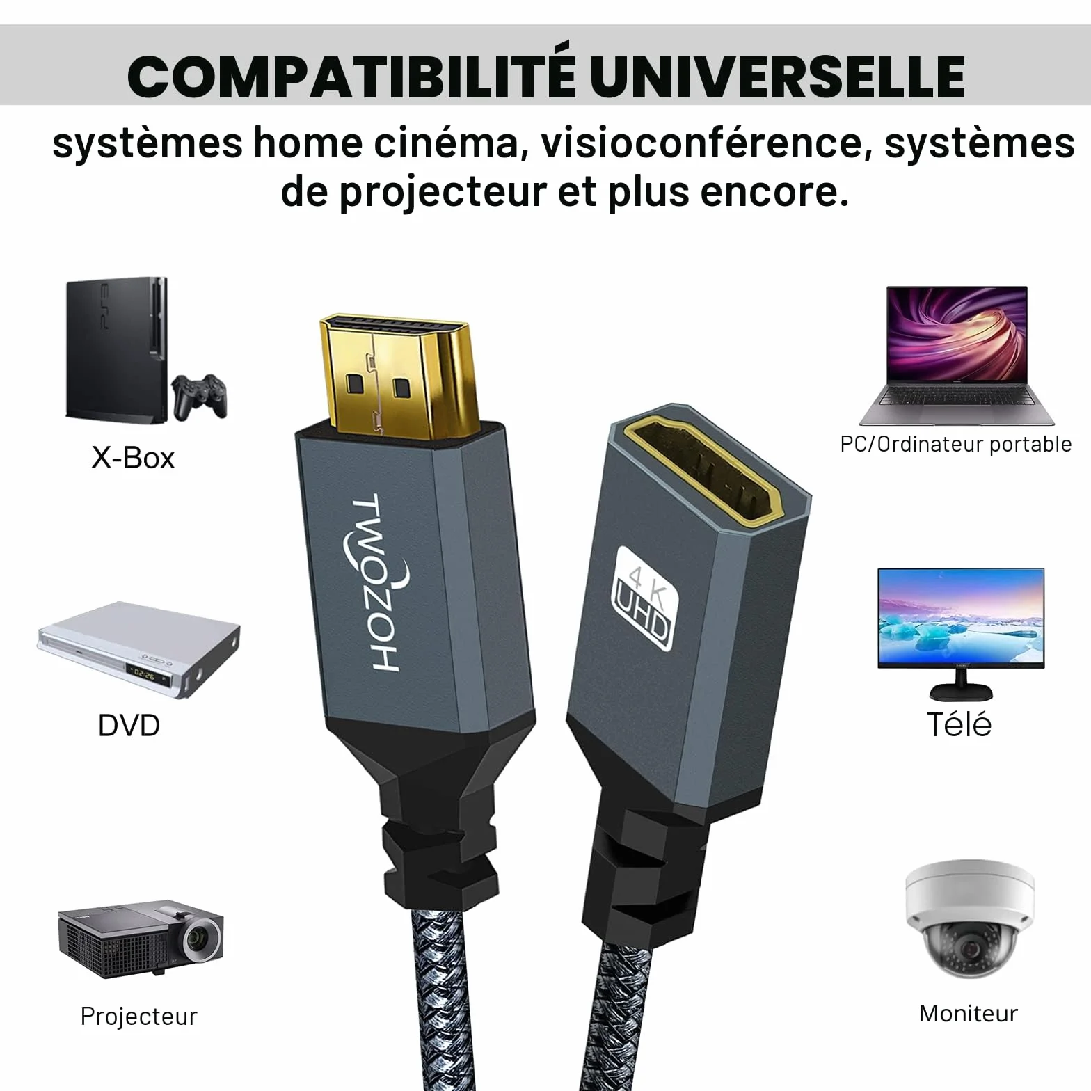 Câble d'Extension HDMI Mâle vers Femelle Twozoh, Rallonge Nylon Tressé 2.0 4K@60Hz 3D HDR (1,5M)