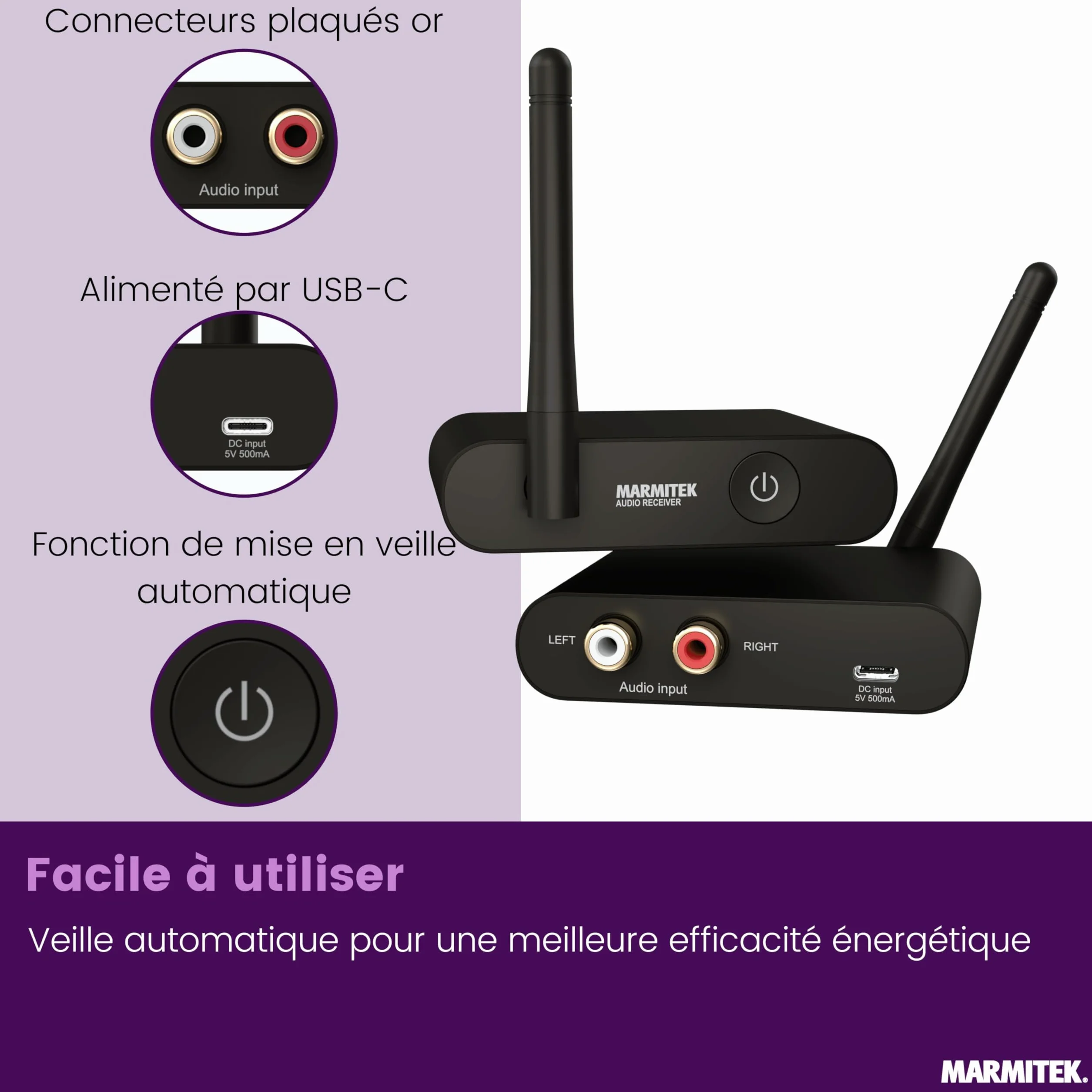 Marmitek Audio Anywhere 630 Émetteur récepteur Audio sans Fil Son TV vers chaîne Hi-Fi Qualité CD numérique Faible Latence Multiroom RCA Cinch Alimentation USB-C