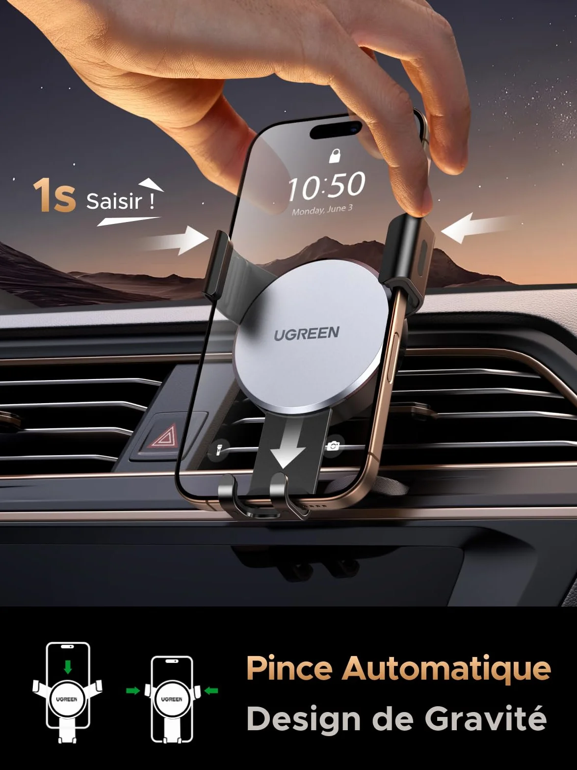 UGREEN Support Téléphone Voiture Gravité Grille Aération Porte Smartphone Voiture Ventilation Accroche Téléphone Auto Compatible avec iPhone 17 Pro Max Air 16 15 14 Galaxy S25 Ultra S24 (Gris)