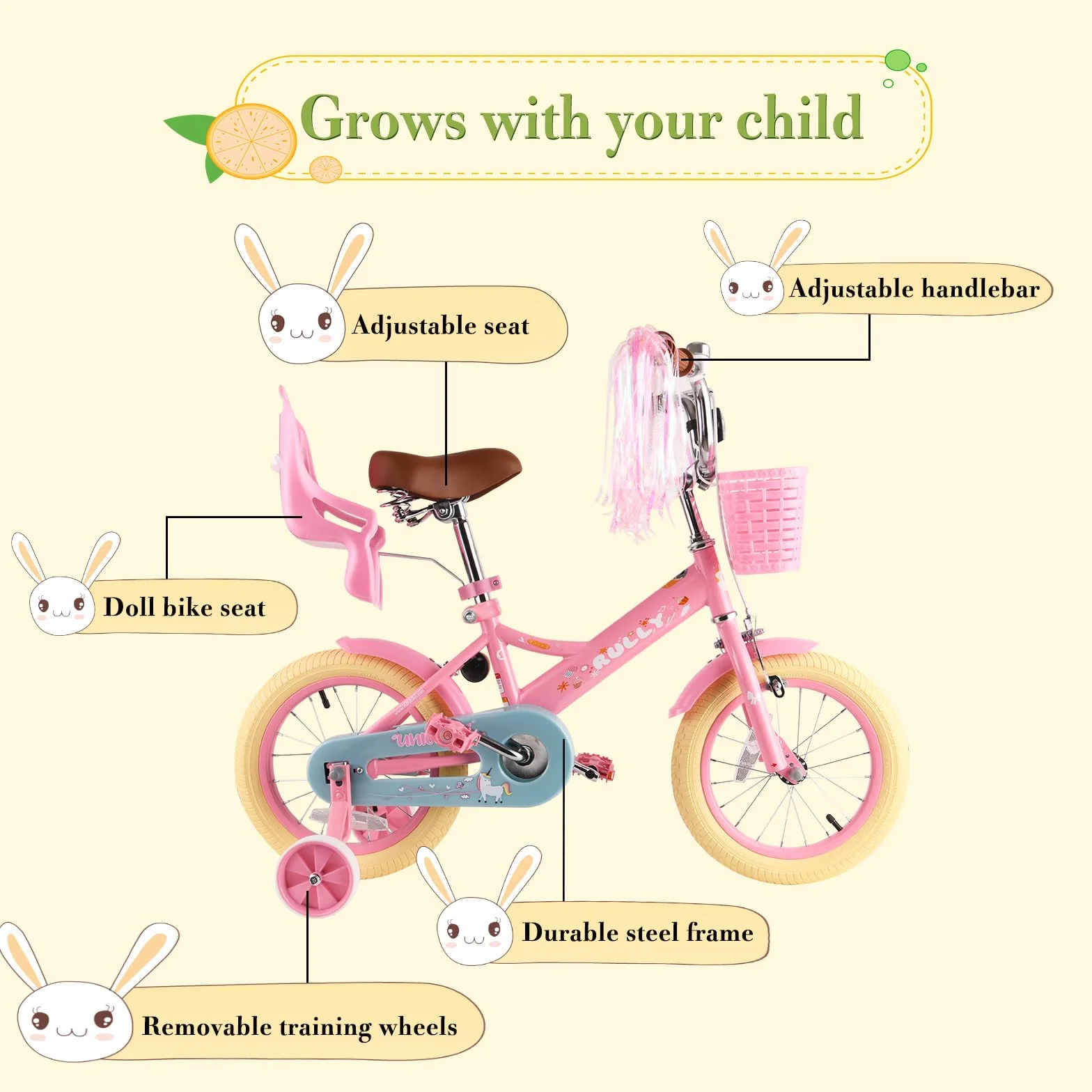 Vélo Enfant 12 14 16 Pouces RULLY Filles 2-7 Ans Roulettes Frein Panier