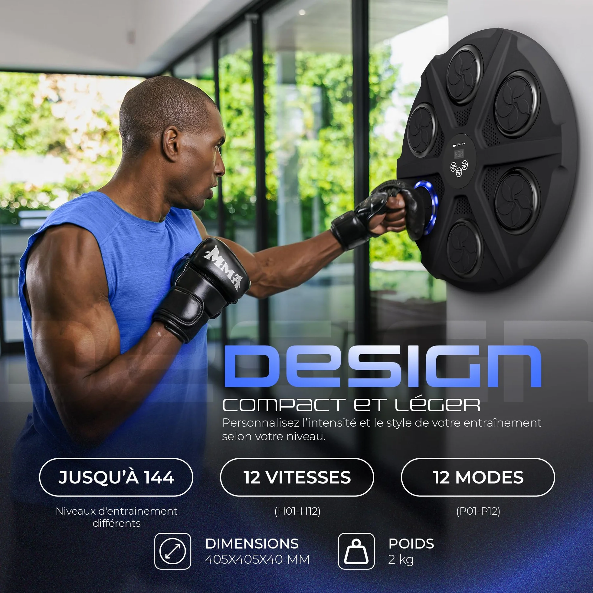 EZERO Machine Beatpunch Boxe Adulte Bluetooth LED Entraînement interactif Boxe Mural Musique Améliore Réflexes Endurance Set Complet