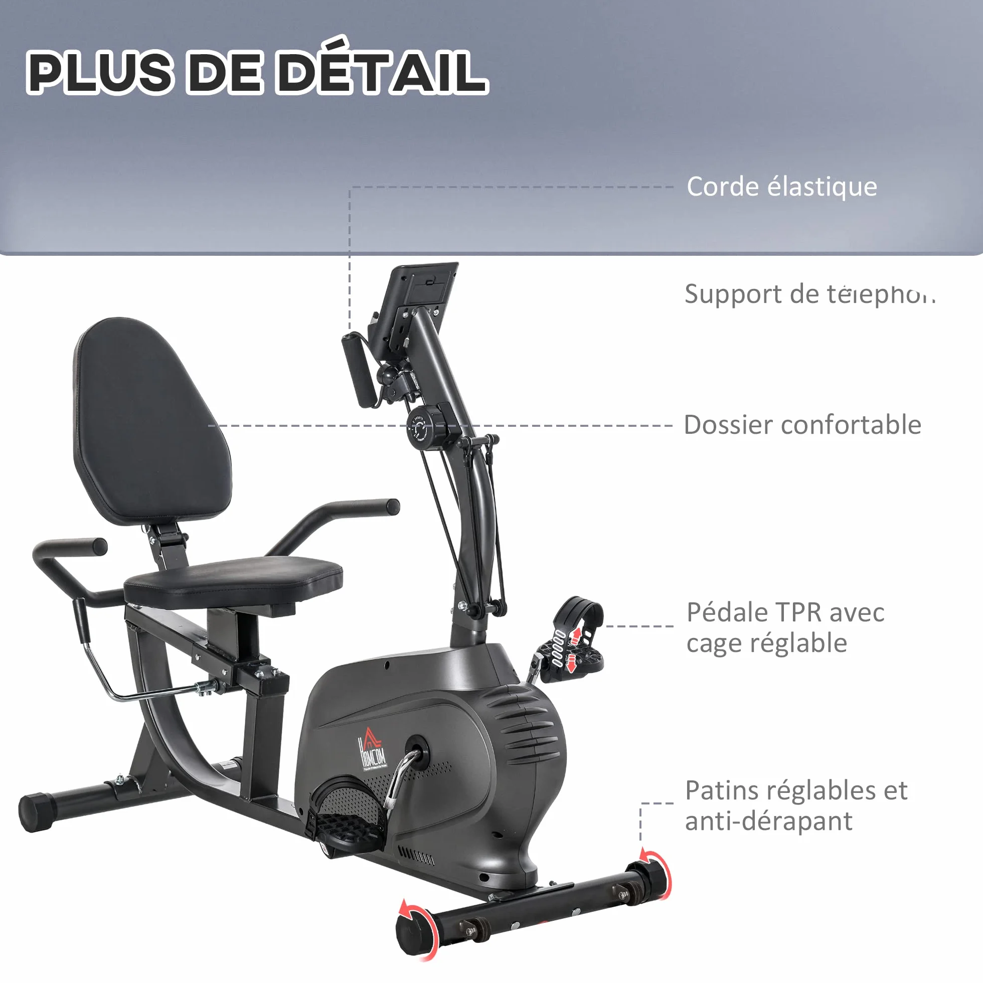 HOMCOM Vélo d'Appartement Semi-Allongé Magnétique Silencieux pour Rééducation Seniors, Noir