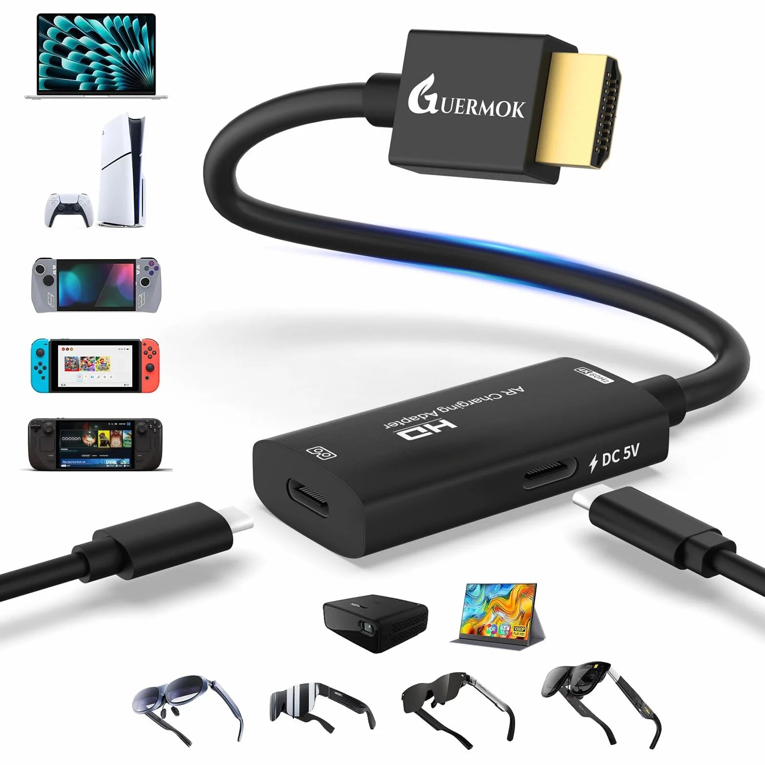 Guermok AR Glasses Adaptateur d'affichage HDMI vers USB-C, 1,5 m, 4K @ 60 Hz, convertisseur AR avec DC 5 V, pour X Real One/Air 2 Pro/Ray Neo/Rokid, Switch 2/1, PS 5/4, moniteurs Portables, Noir