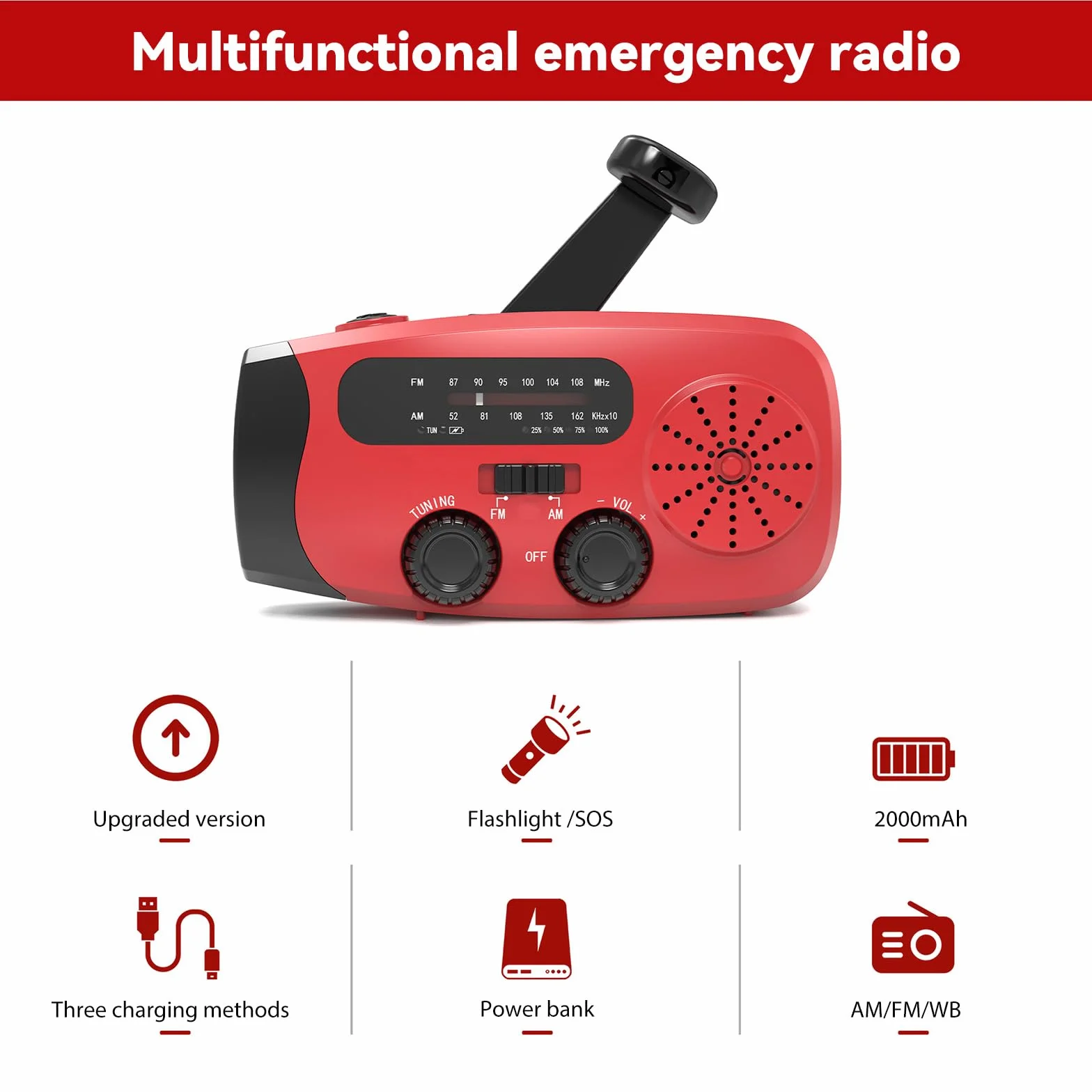 Radio solaire d'urgence à manivelle AM/FM météo avec lampe LED et alarme SOS, batterie 2000 mAh