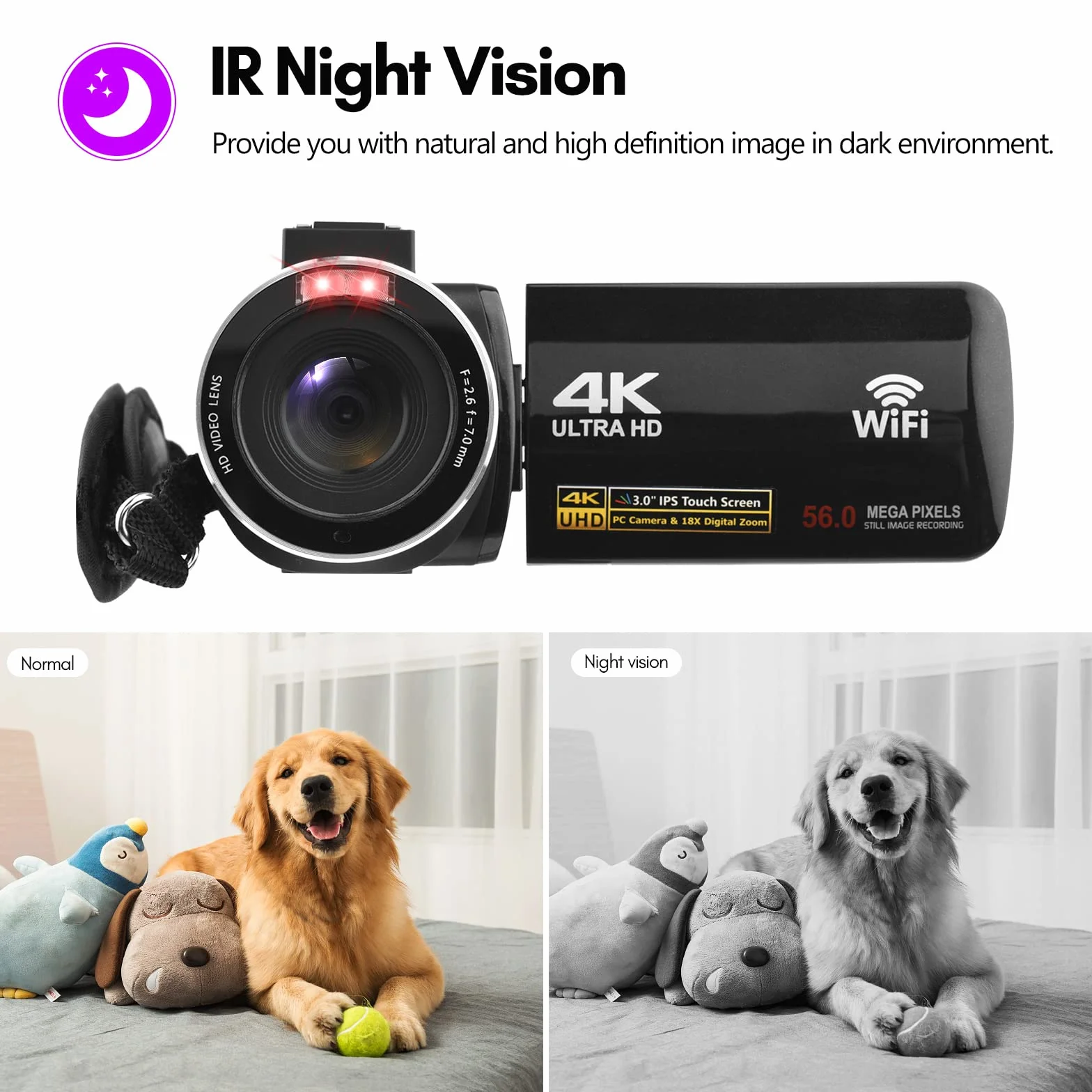 Caméra vidéo numérique 4K Caméscope WiFi Enregistreur DV 56MP Zoom numérique 18X Écran Tactile IPS 3,0 Pouces avec 2 Piles + télécommande + Sac de Transport