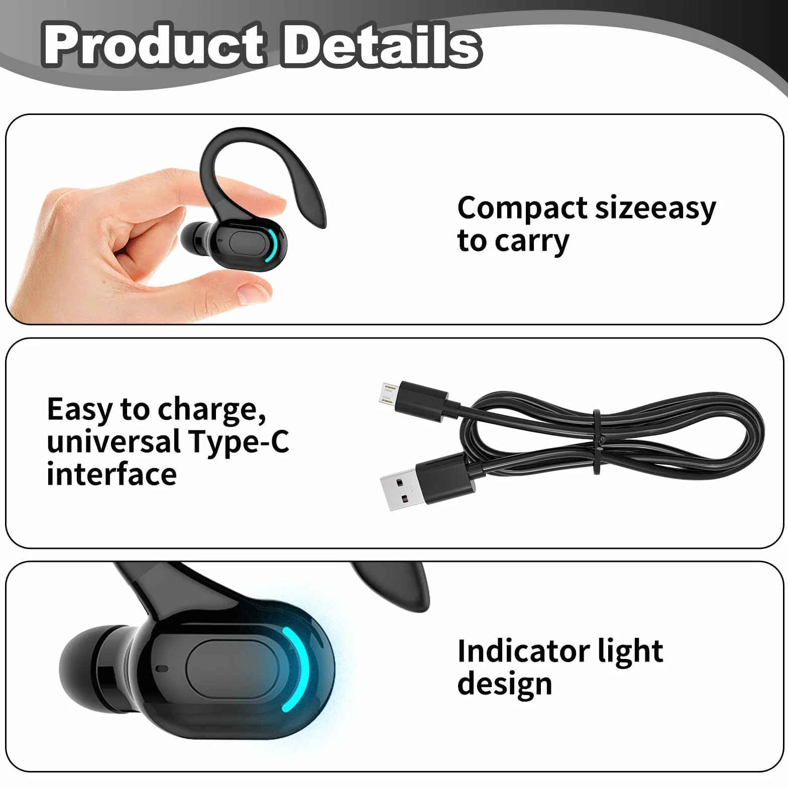 Oreillette Bluetooth sans Fil Mono, Écouteur Mono avec Micro Intégré, Kit Main Libre Professionnel avec Micro à ecouteurs de Bruit pour iPhone Android PC, Bureau, Conduite, Sport, oreillette Tour 360°